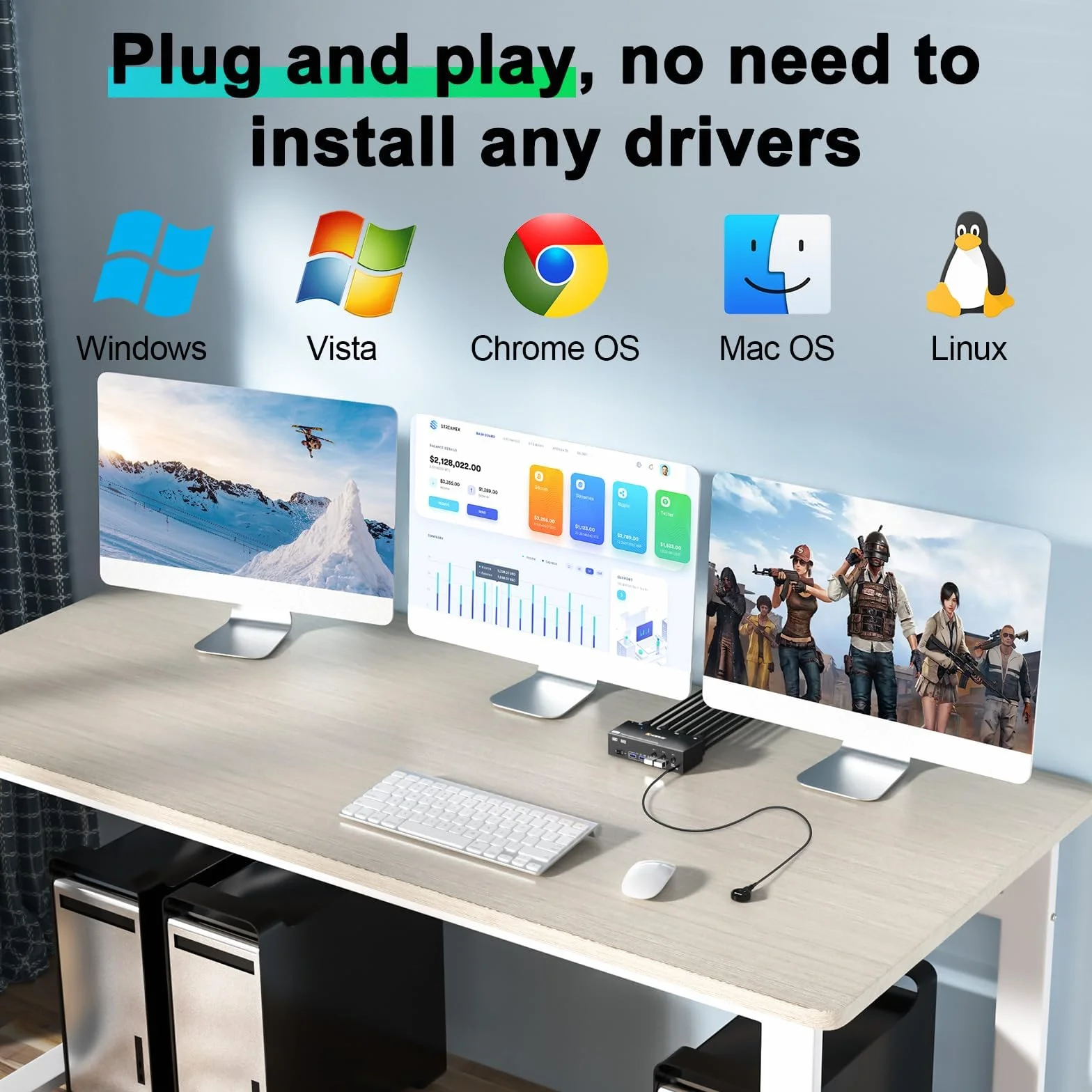 USB 3.0 Switch KVM 3 PC 3 Monitor 8K@60Hz 4K@144Hz, MLEEDA HDMI+2 Displayport Switch KVM 3 PC Condividi 3 Monitor e 4 Dispositivi USB 3.0, con Alimentatore da 12V DC, Telecomando Cablato e 3 Cavi USB