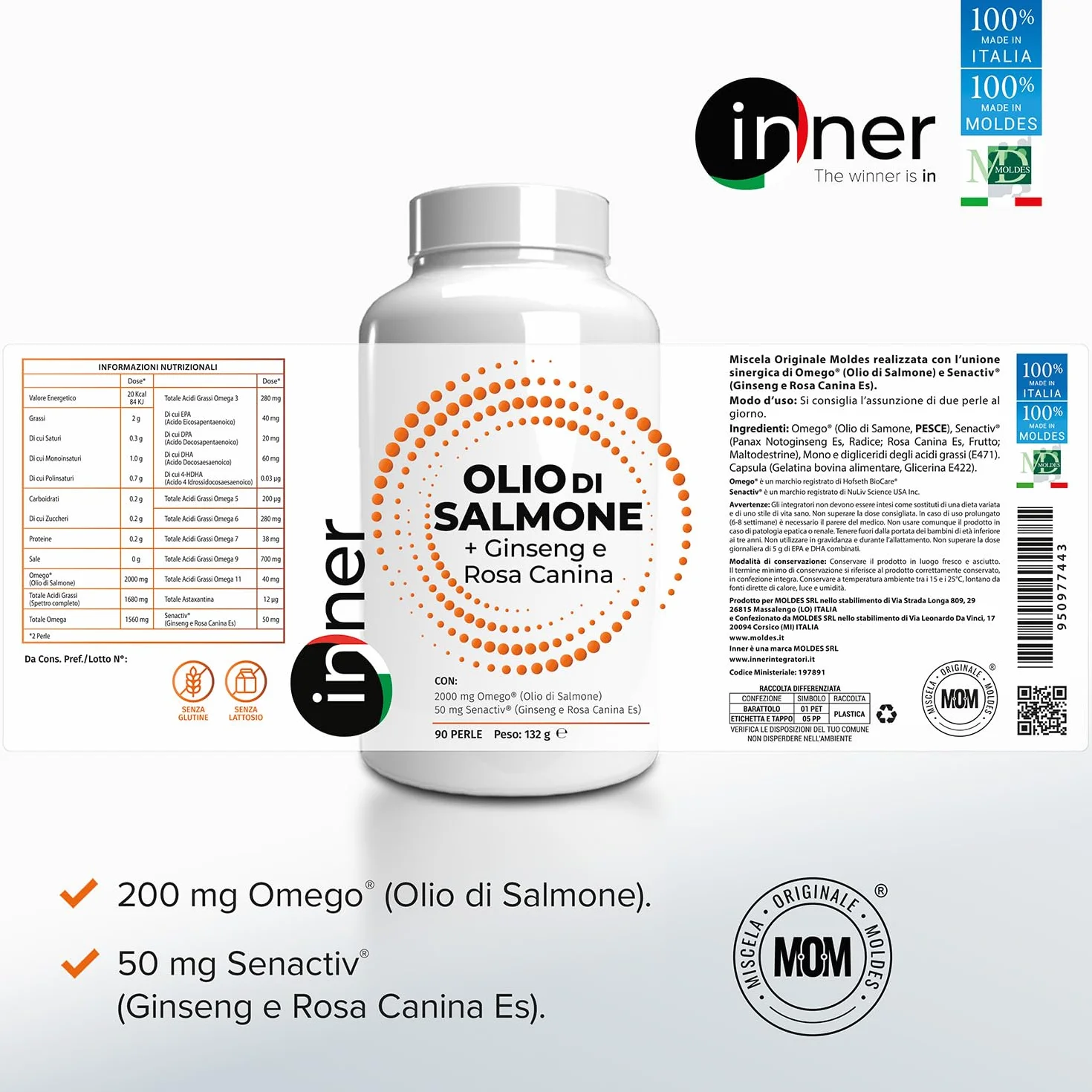 Inner Olio di Salmone + Ginseng e Rosa Canina 90 perle – Integratore Naturale Omega a Spettro Completo con OmeGo® DPA DHA EPA Astaxantina