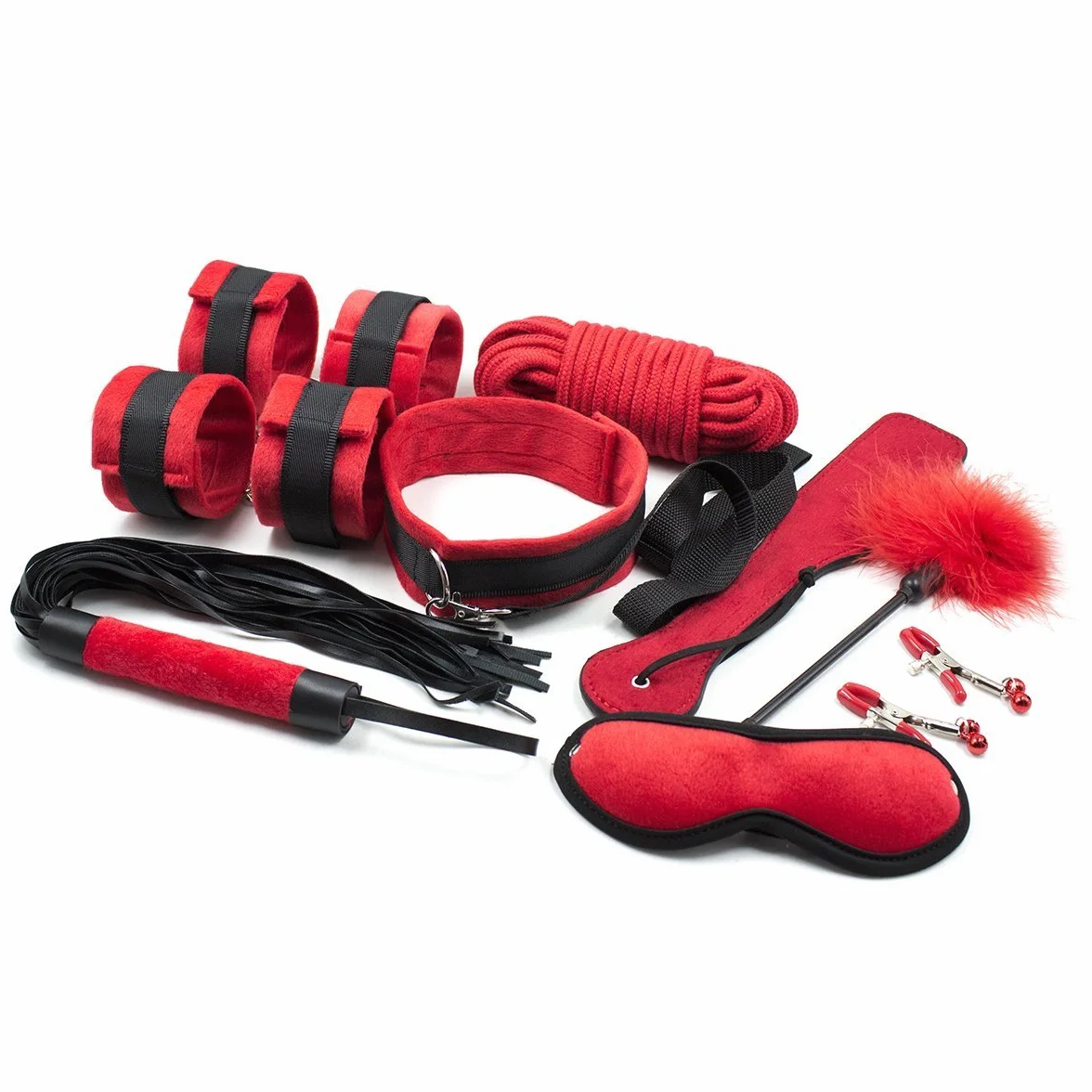 Kit di 10 Accessori in Morbido Velluto, Manette frustino corda donna uomo, sacco raso incluso