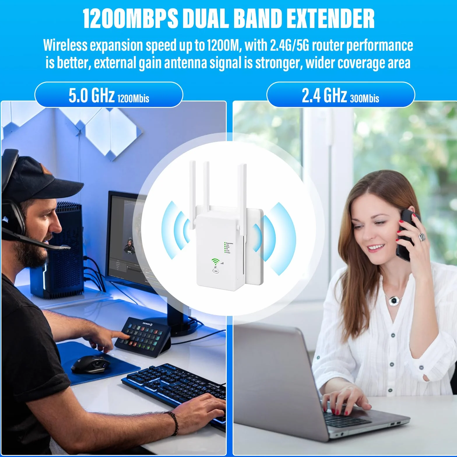Ripetitore WiFi Potente Per Casa, 1200Mbps WiFi Extender Dual Band 5GHz & 2,4GHz con 4 Antenne, Porta Ethernet, WPS, Amplificatore Wifi Supporta Modalità Ripetitore/Router/AP (Bianco)