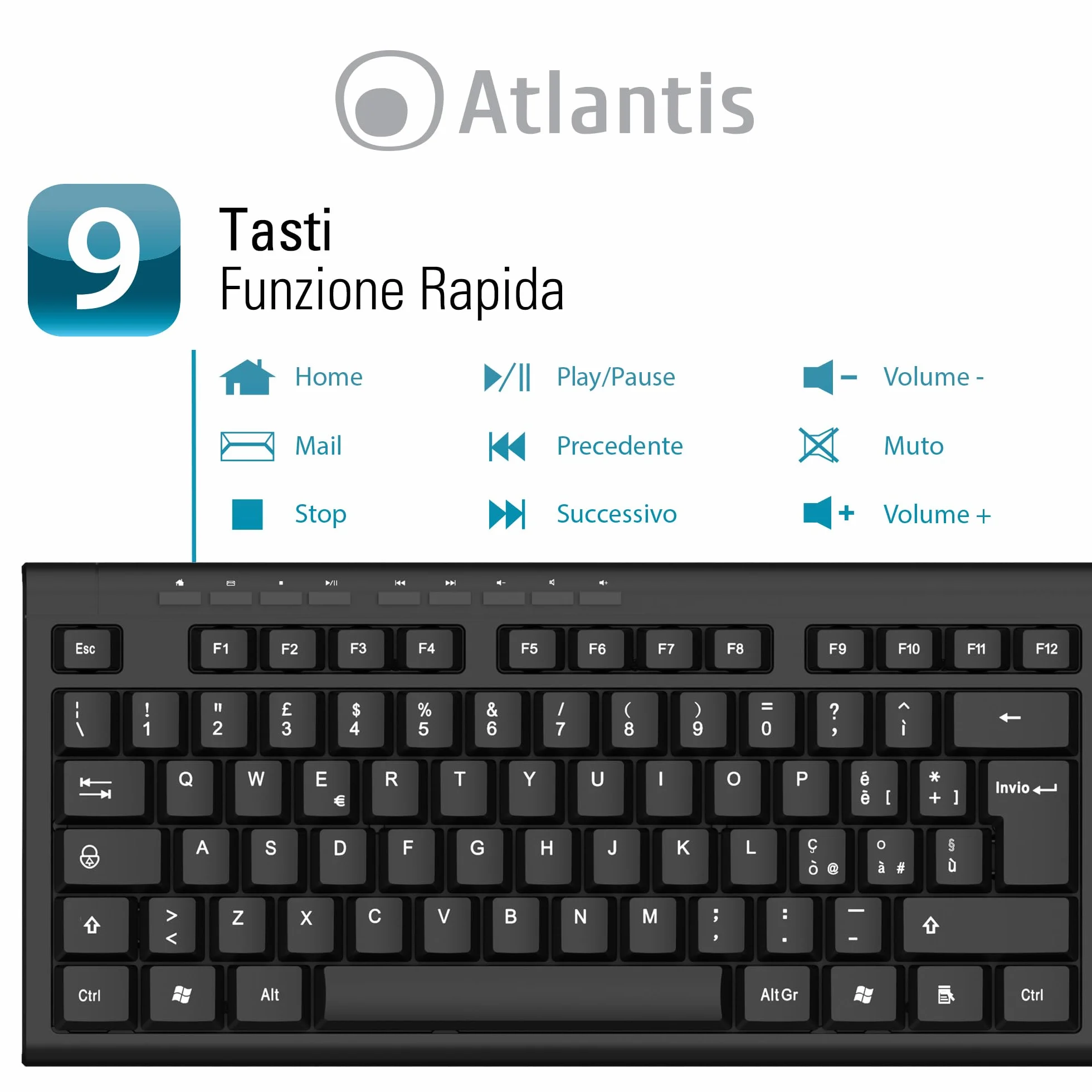 Atlantis Combo Kit Tastiera e Mouse Wireless senza fili, Multimediale, Layout Italiano QWERTY, 9 Tasti di scelta rapida, per PC/Laptop/Notebook, ricevitore USB unico, cod. P013-AX280G+M, Nero.