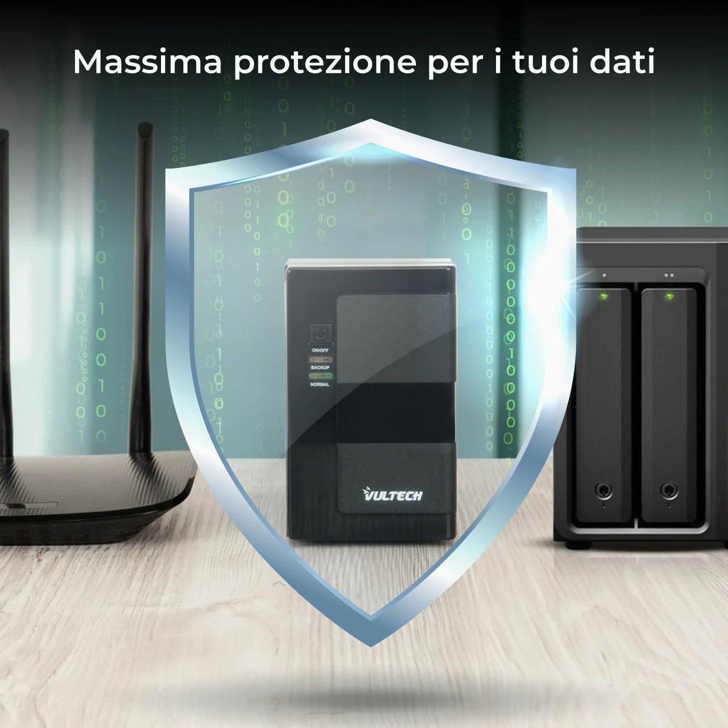 VulTech UPS650VA-LFP-NAS Gruppo di continuità UPS NAS desktop e Hard disk di rete, 650VA 350Watt al litio, Line Interactive, LED stato, 2 Prese 10-16A Schuko, Overload, AVR, Cortocircuito