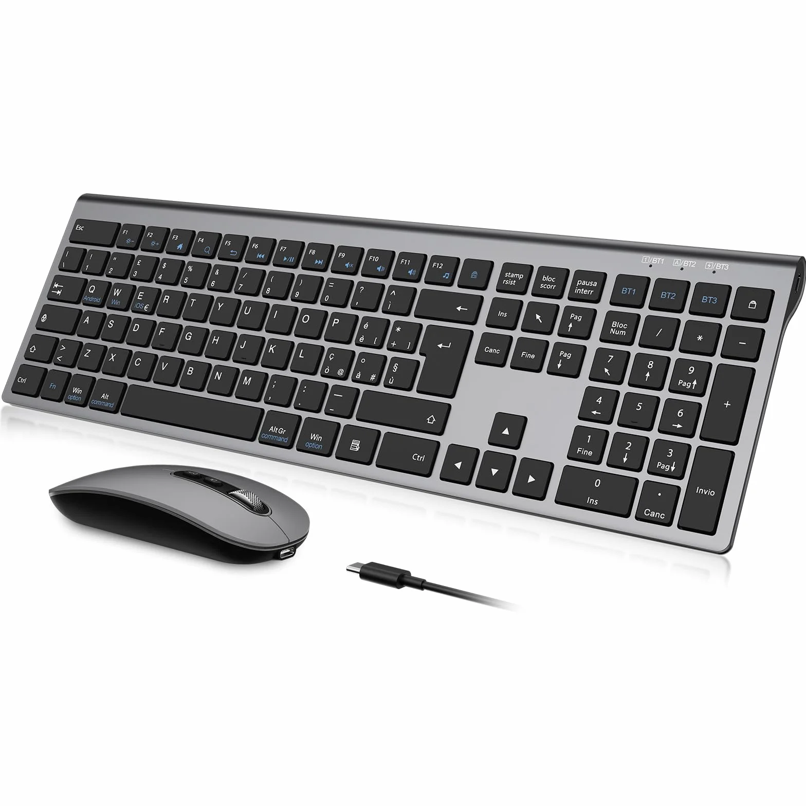 cimetech Tastiera e Mouse Wireless Bluetooth per MacBook Air/MacBook Pro/Mac, Layout Italiano QWERTY, Tastiera Design Ergonomico, Ultra Sottile per Computer/Desktop/PC/Laptop/Windows 10/8/7 (grigio）