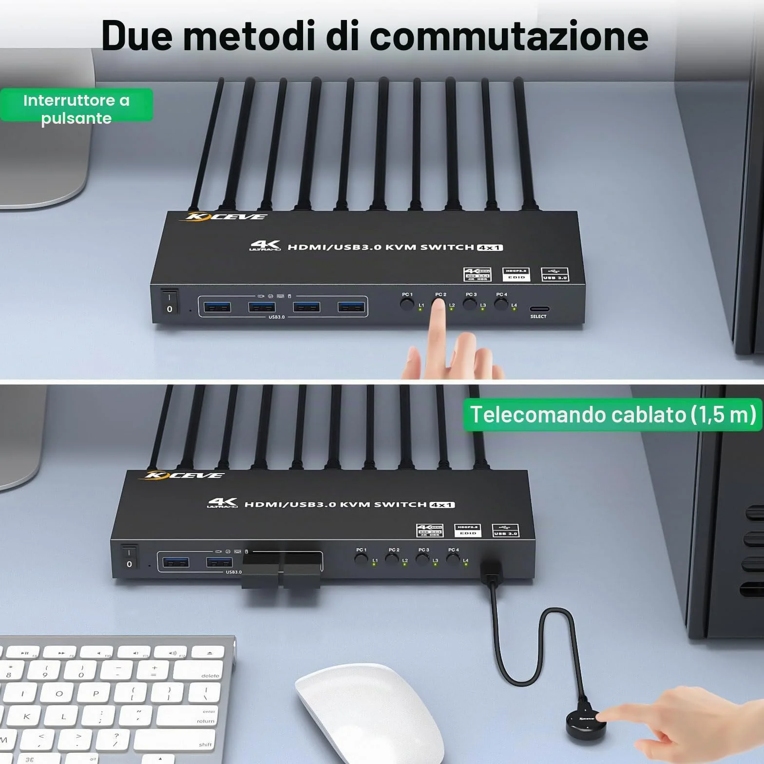 Switch KVM USB 3.0 HDMI 4 PC 1 Monitor, 4K@60Hz EDID Simulato 4 Porte Commutatore KVM, KVM Switch Condividi 4 Sispositivi USB 3.0 Tastiera Mouse Senza Fili Stampante, con 5 Cavi e Telecomando Cablato