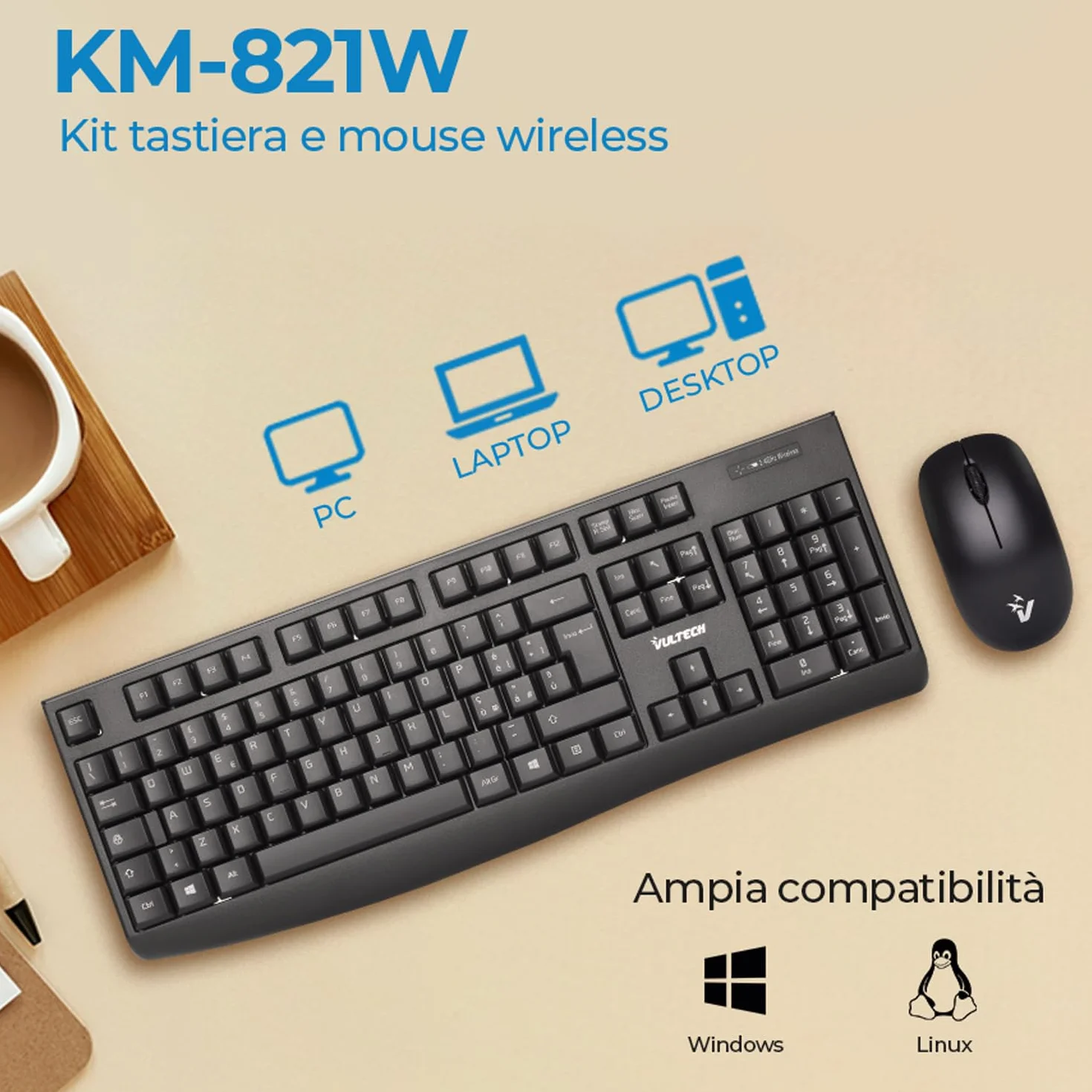 Vultech KM-821W Kit Tastiera e Mouse Wireless 2.4 GHz. Design ergonomico, Layout italiano, Tastierino numerico, tasti silenziosi, per PC/Laptop, Nero. Compatibile con Windows, Linux