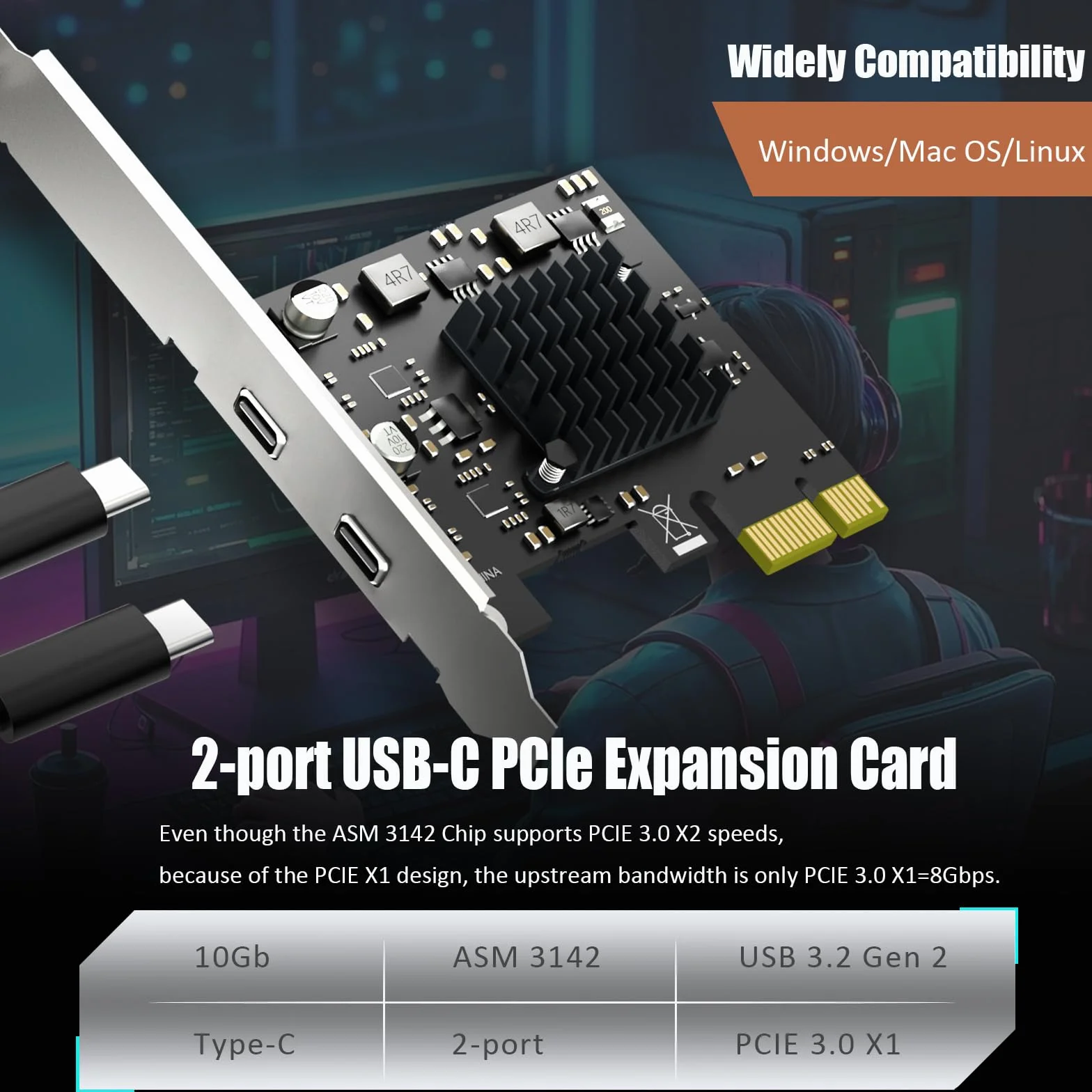 GLOTRENDS U3142X1 Scheda di espansione PCIe USB 10Gb 2 porte, 2 porte USB-C (USB 3.2 Gen 2), interfaccia PCIe X1, compatibile con Windows/Linux/macOS
