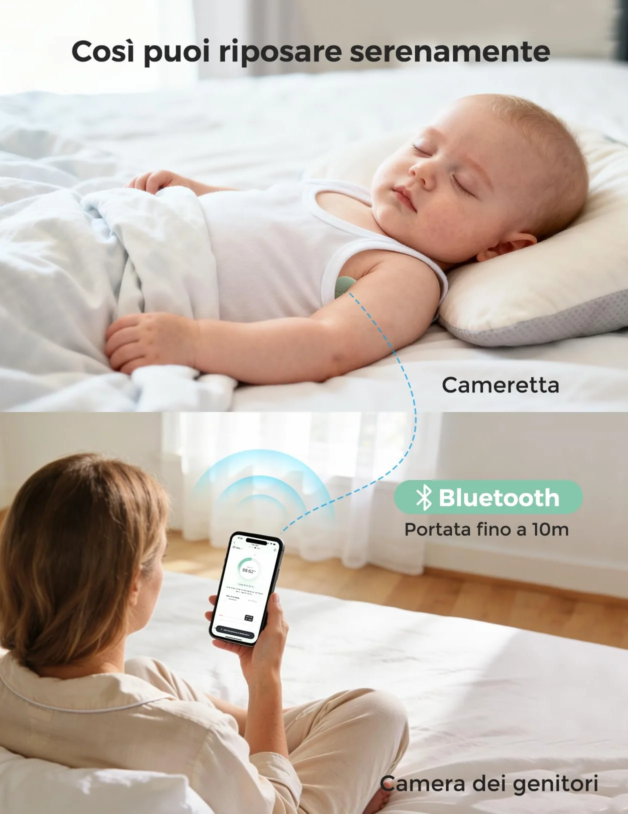 Momcozy Termometro Neonato, Termometro Digitale Indossabile con Alta Precisione, App Monitoraggio Temperatura in Tempo Reale, Cerotto Ipoallergenico 3M per Bambini