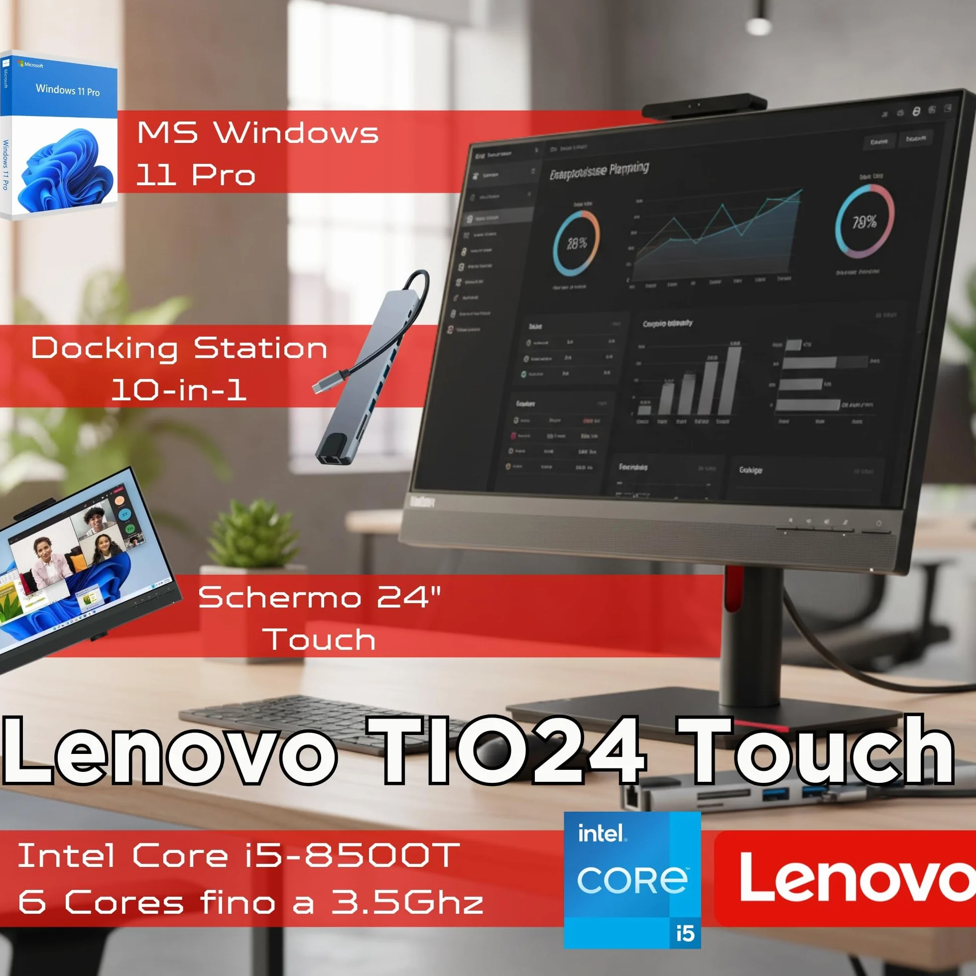 Lenovo All-in-One 24" Touch Screen i5-8500 3.50GHz 16GB RAM 512GB SSD Windows 11 Pro Office PC USB-C Garanzia 36 Mesi