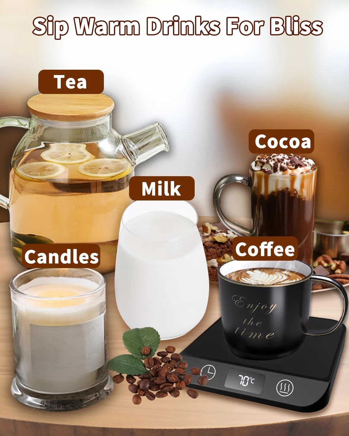 MYMULIKE Scalda Tazze, 6 Temperature (45 ℃-70 ℃), Display LED, Timer 1-12 Ore, Per Caffè, Tè, Latte, Scalda Candele, Vetroceramica, Nero