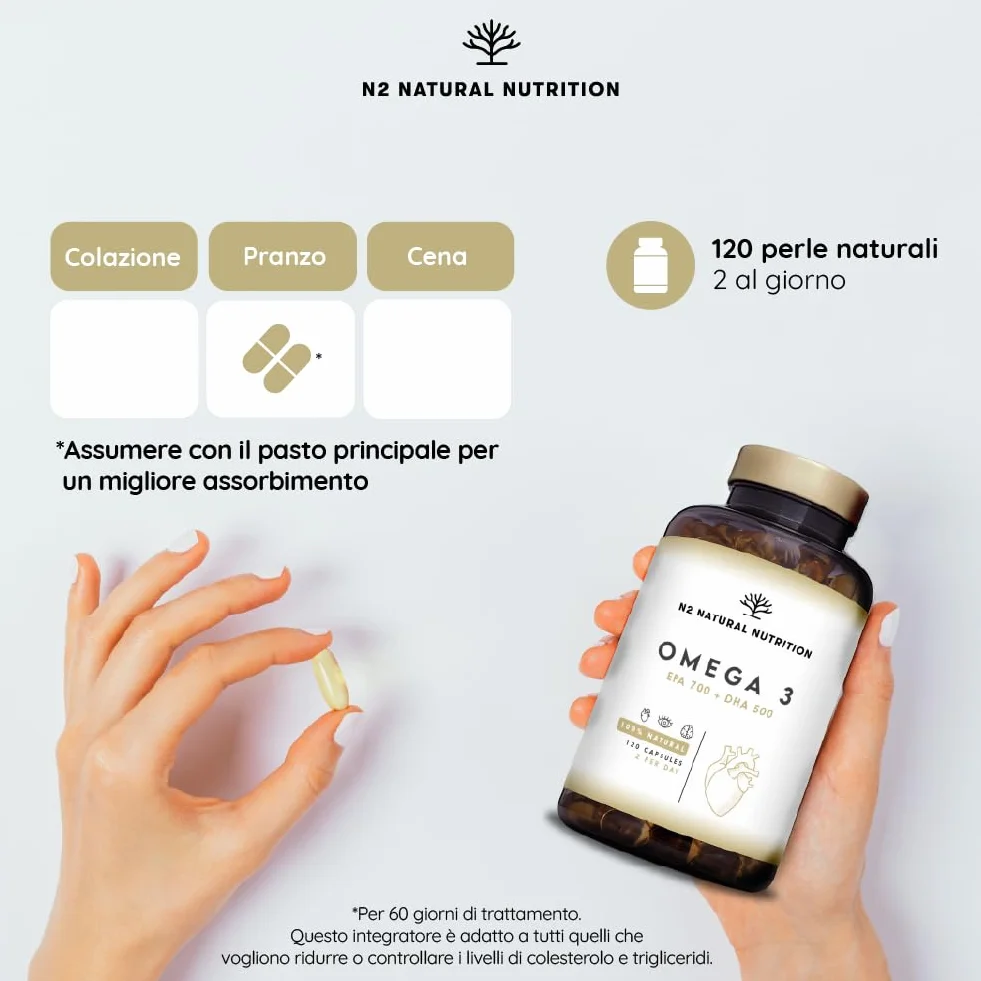 Omega 3 Olio di Pesce 2000 mg EPA 700 mg DHA 500 mg Integratore con Vitamina E 120 Softgel N2 Natural Nutrition
