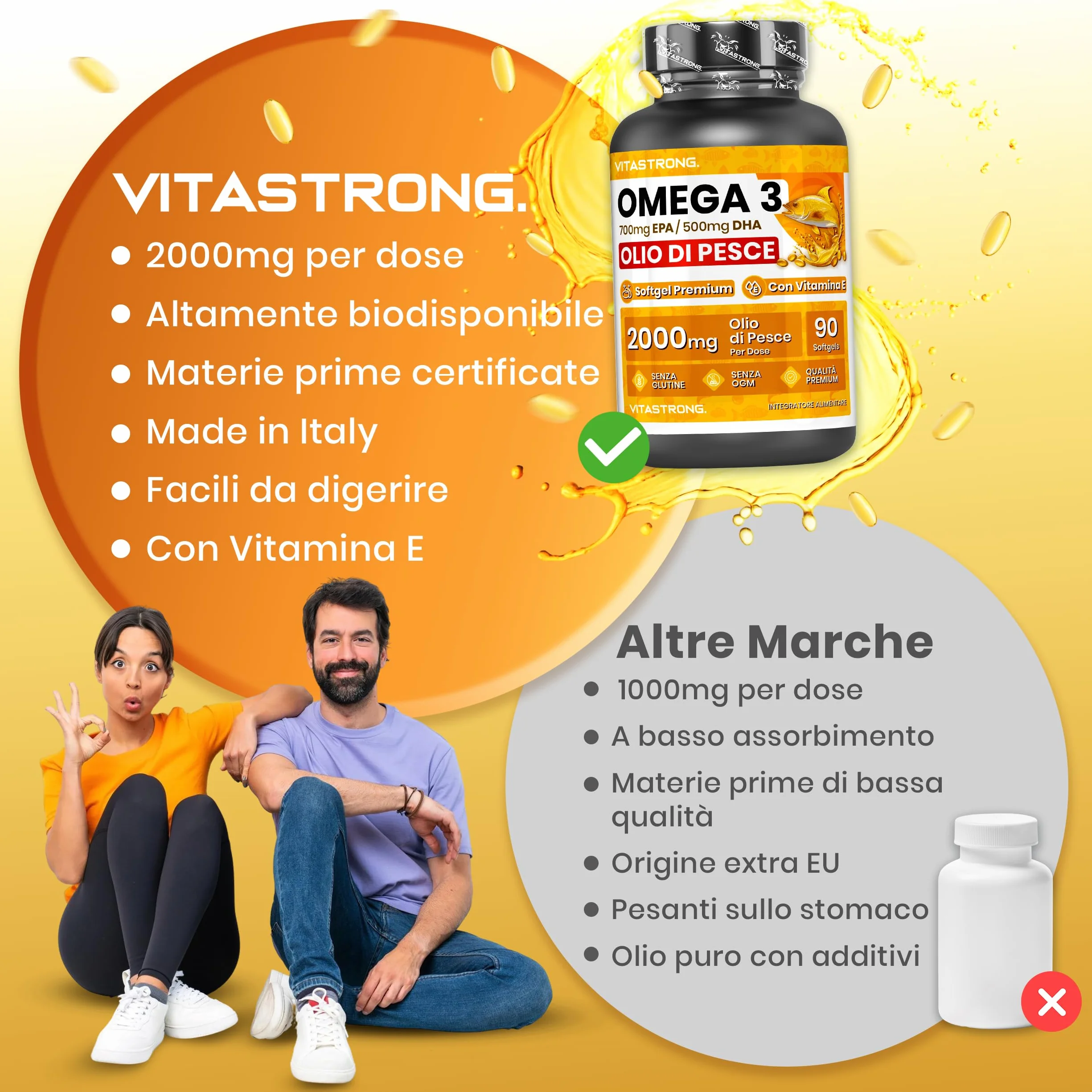 Omega 3 Olio di Pesce 2000mg EPA 500mg DHA Vitamina E Integratore Puro Cuore Vista Cervello