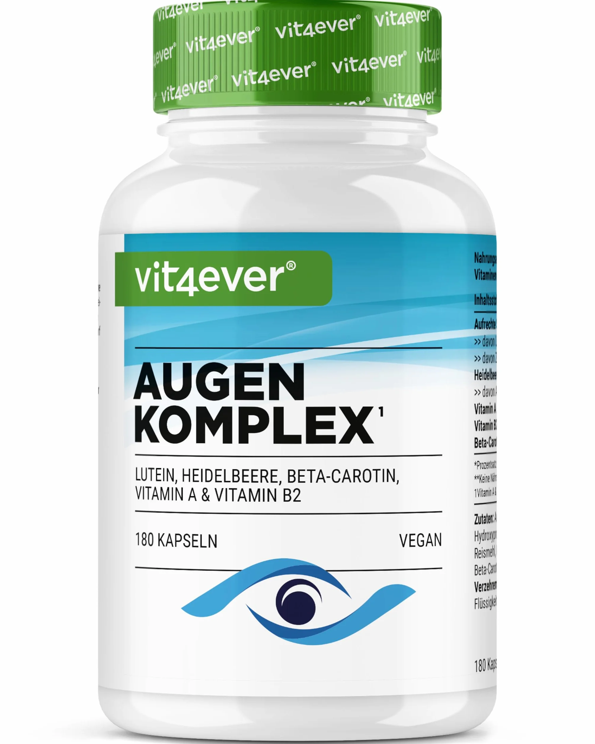 Complesso Vitaminico per gli Occhi 180 capsule con Luteina, Zeaxantina, Estratto di Mirtillo, Beta-Carotene, Vitamina A e B2 - Vegano, alto dosaggio
