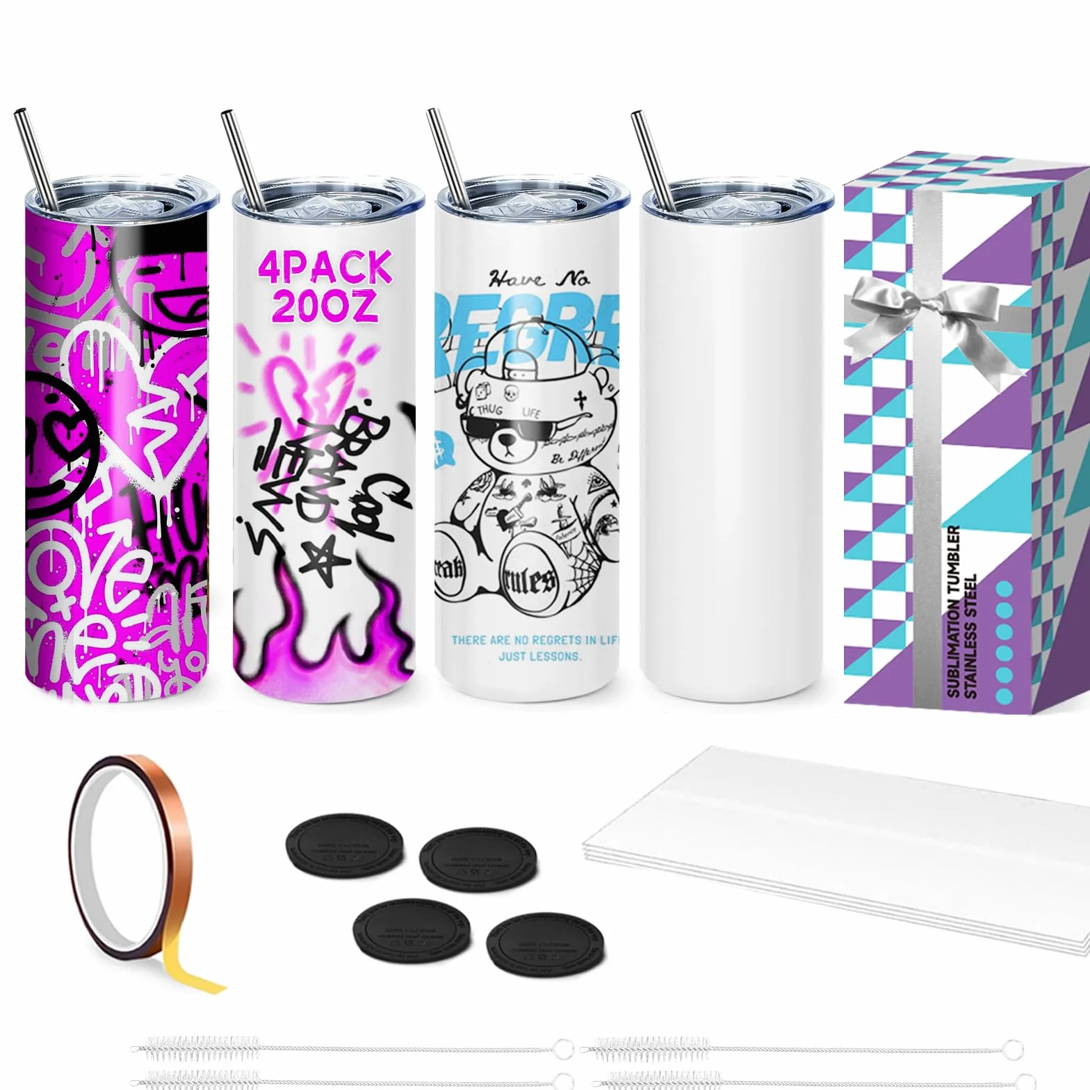 Confezione da 4 bicchieri vuoti a sublimazione, da 590 ml, in acciaio inox, con manico portatile e cannuccia, per lo sport, con stampa a sublimazione