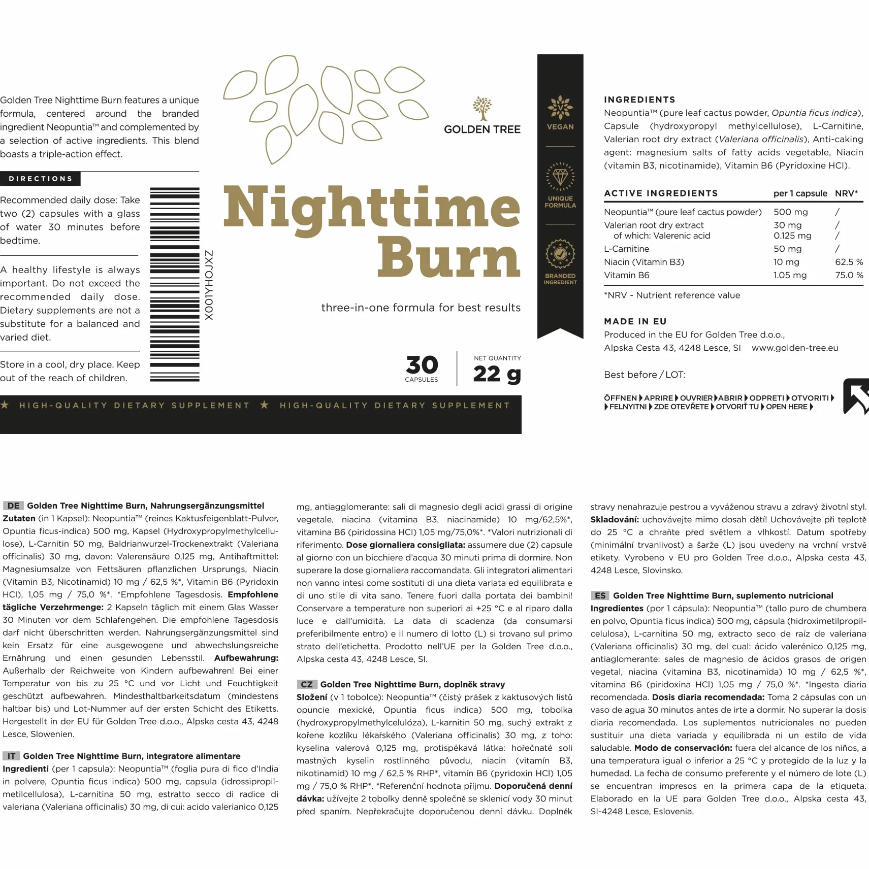 Golden Tree Nighttime Burn – Integratore Fibre con Fico d’India, Vitamina B3, B6, Valeriana e L-Carnitina – 30 Capsule Vegane