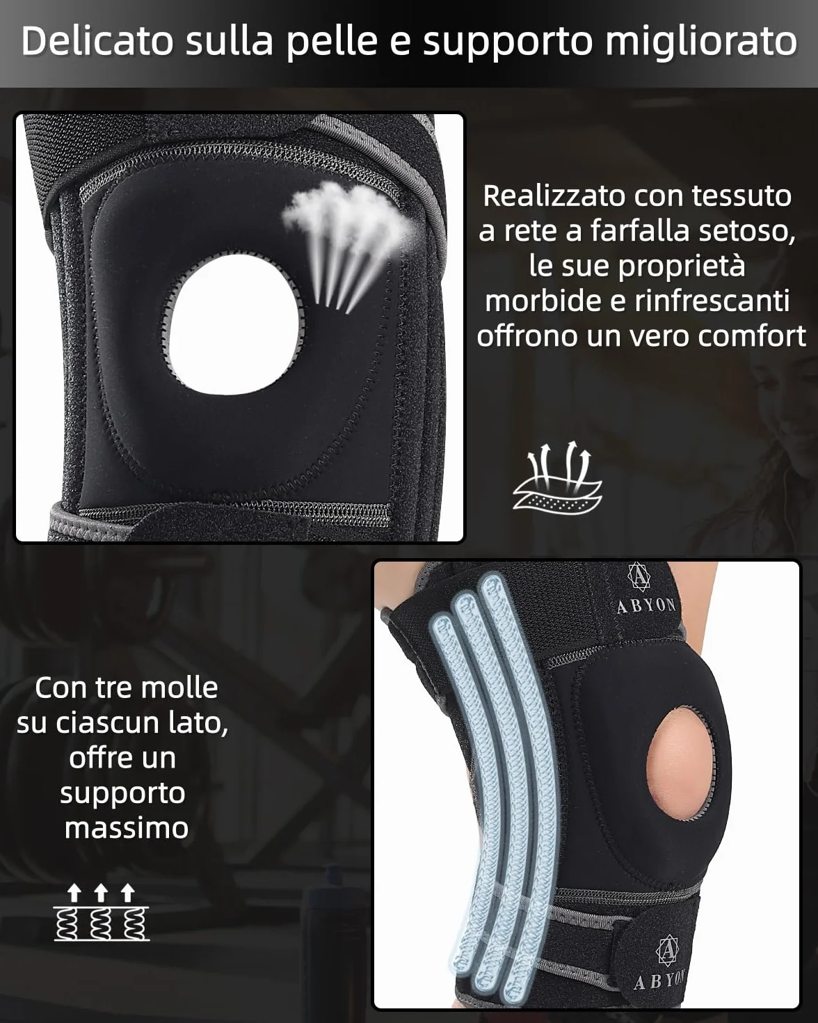 ABYON ELITE Ginocchiera Regolabile Antiscivolo con Stabilizzatori Laterali per Dolore Artrite LCA Menisco