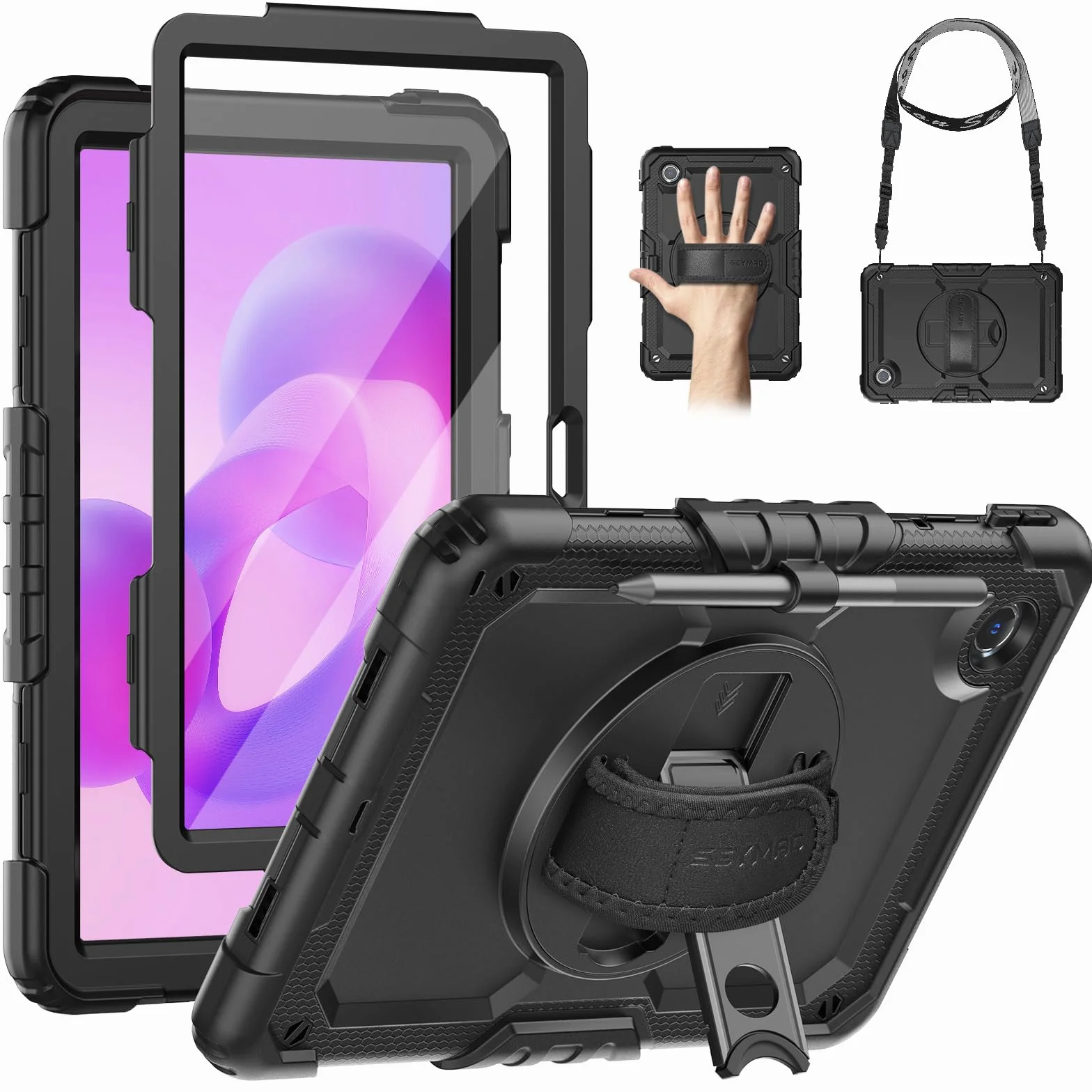SEYMAC Custodia per Lenovo Idea Tab 11 pollici 2025, Tab M11, Tab K11, Antiurto, Pellicola Protettiva, Supporto Girevole 360°, Cinghia, Tracolla, Portapenne, Nero