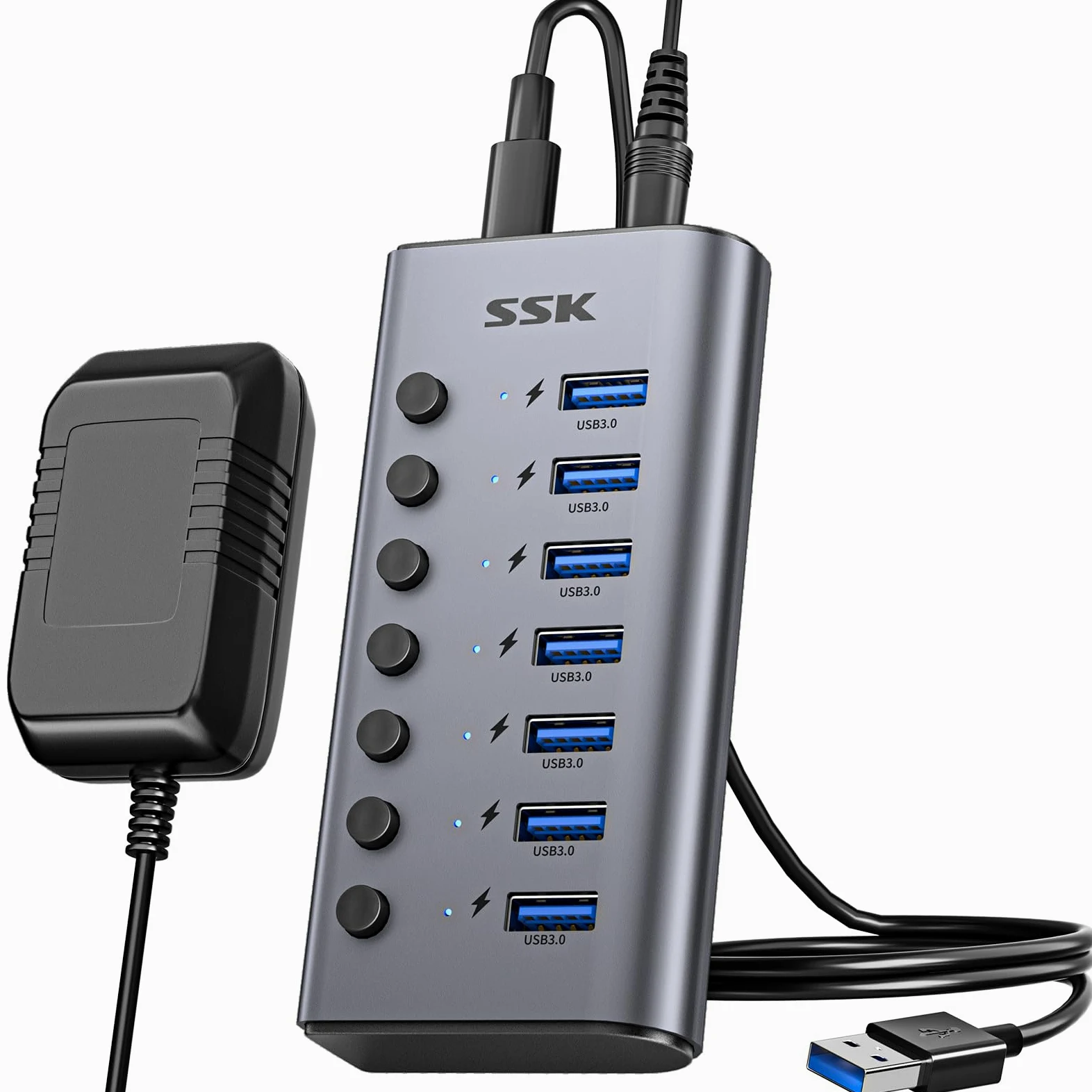 SSK Hub USB 3.0 alimentato a 7 porte, splitter di estensione USB in alluminio con interruttori e LED individuali, hub di ricarica USB a 5 Gbps di dati con adattatore DC12V3A e cavo da 3,93 piedi