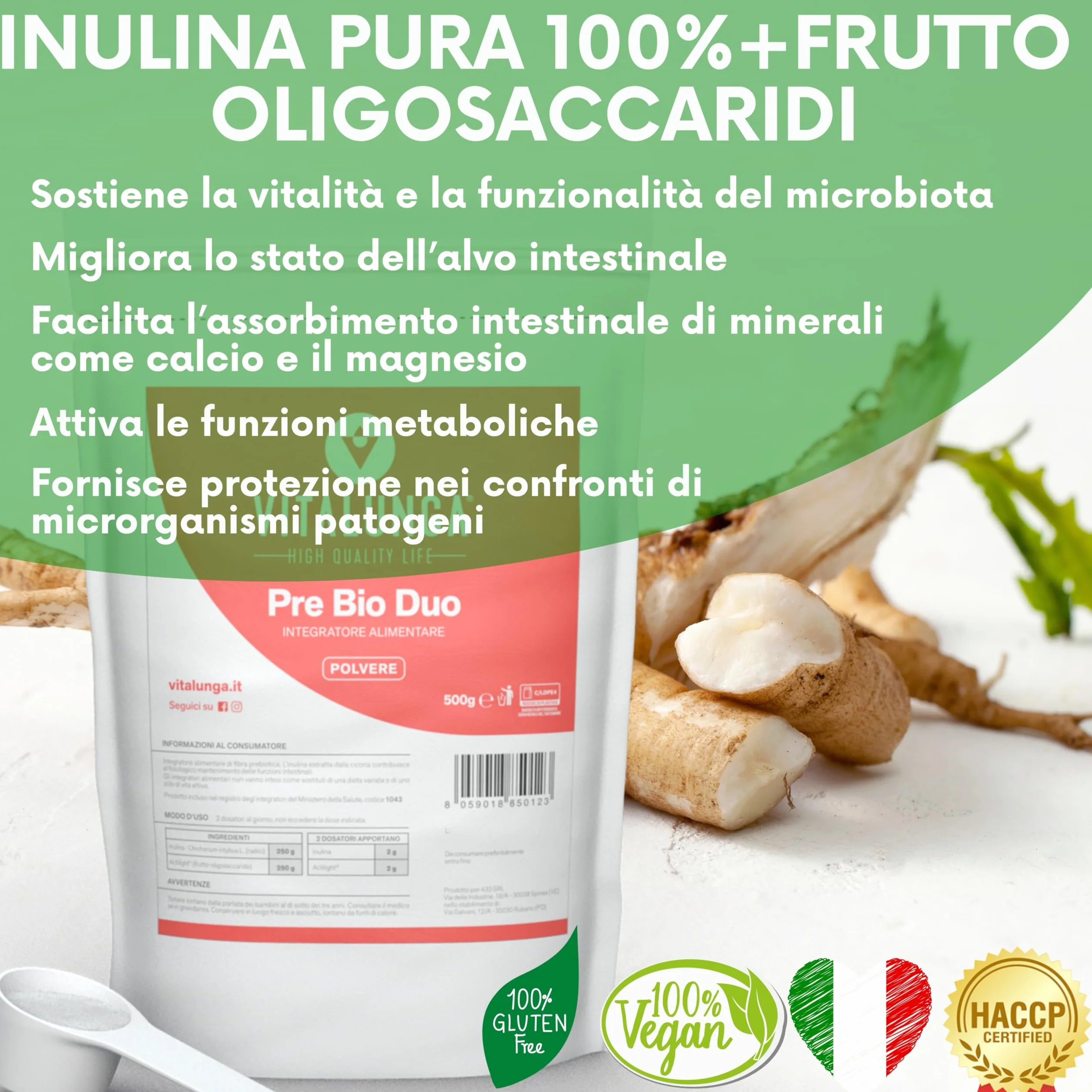 Inulina in Polvere 500g Fibra Prebiotica di Cicoria Vegan Senza Glutine
