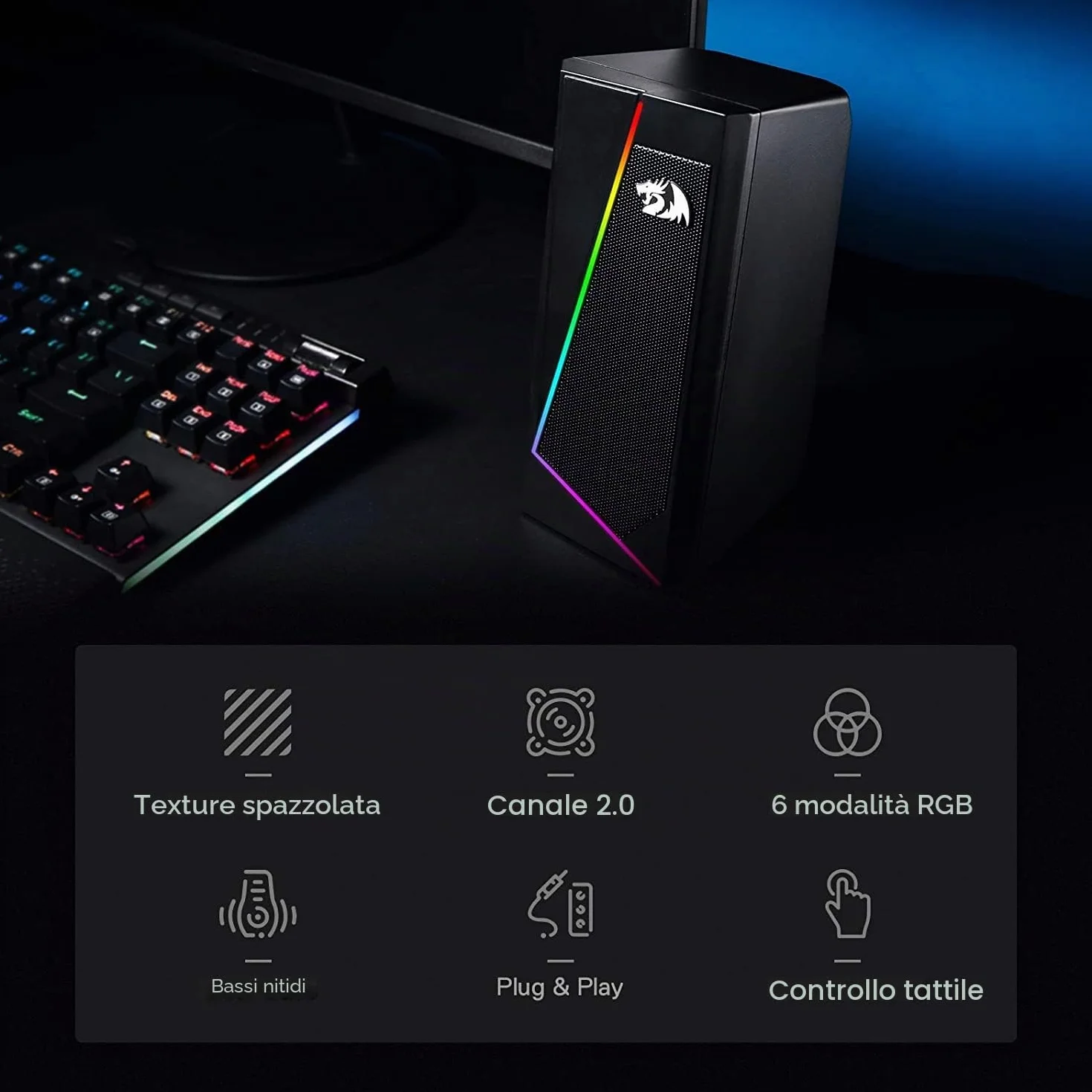 Redragon GS520 Anvil RGB Desktop Altoparlanti stereo PC 2.0 canali LED bassi potenziati controllo volume