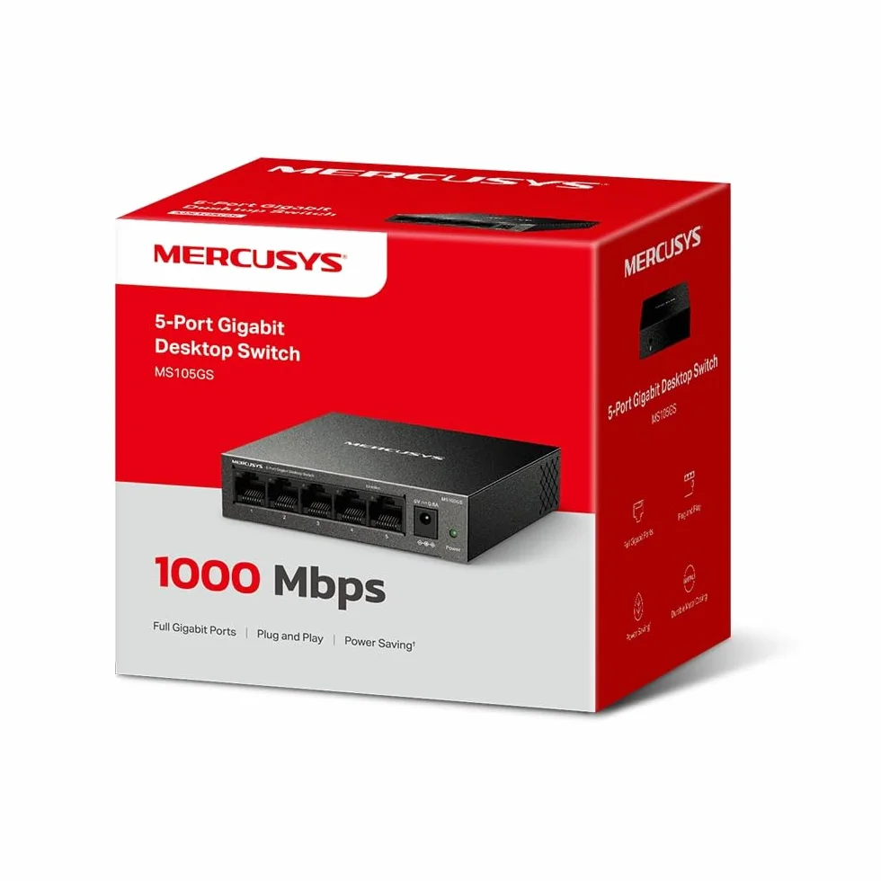 TP-Link Mercusys MS105GS Switch Ethernet 5 Porte Gigabit, Sdoppiatore Ethernet, Switch Gigabit per la Casa e l'Ufficio, Plug e Play, Montaggio Desktop, Cassa in Metallo, Durevole e Silenzioso