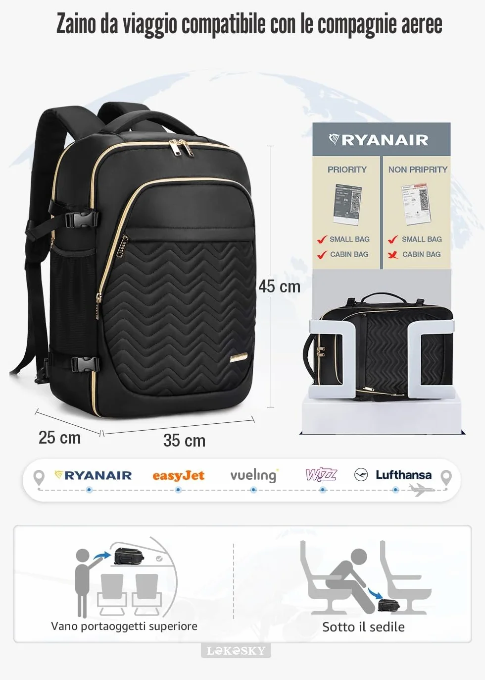 Zaino da Viaggio Grande Zaino Bagaglio a Mano, Zaino da Viaggio Aereo Bagaglio a Mano con Organizer Valigie 6 Pezzi Set, Borse da Cabina per Easyjet 45x36x20, Nero