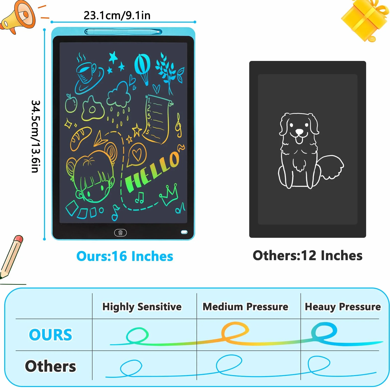 Tavoletta Grafica Bambini 16 Pollici LCD Lavagna Magnetica Cancellabile Display Colorato Giocattoli Educativi 3-12 Anni Blu