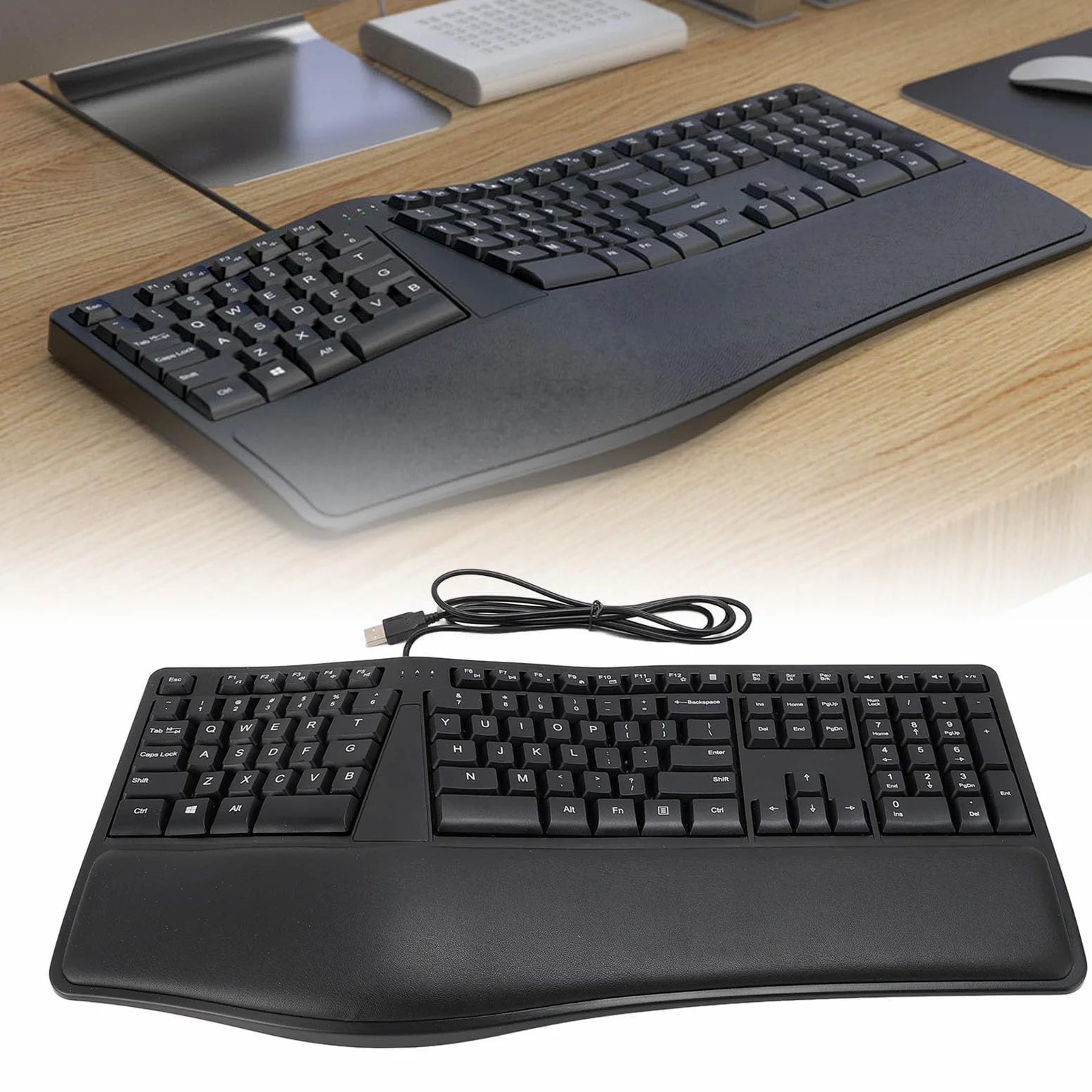 Naroote Tastiera Ergonomica Cablata USB 2.0, 110 Tasti, Poggiapolsi, Silenziosa, Comoda per Laptop