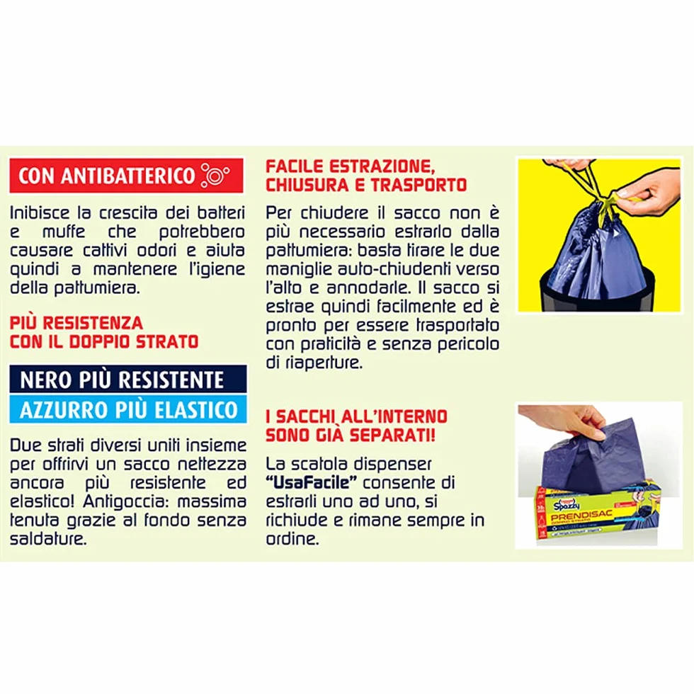 Domopak Spazzy Sacchi Nettezza Prendisac Autochiudenti 30Lt Blu Nero 15 Pezzi
