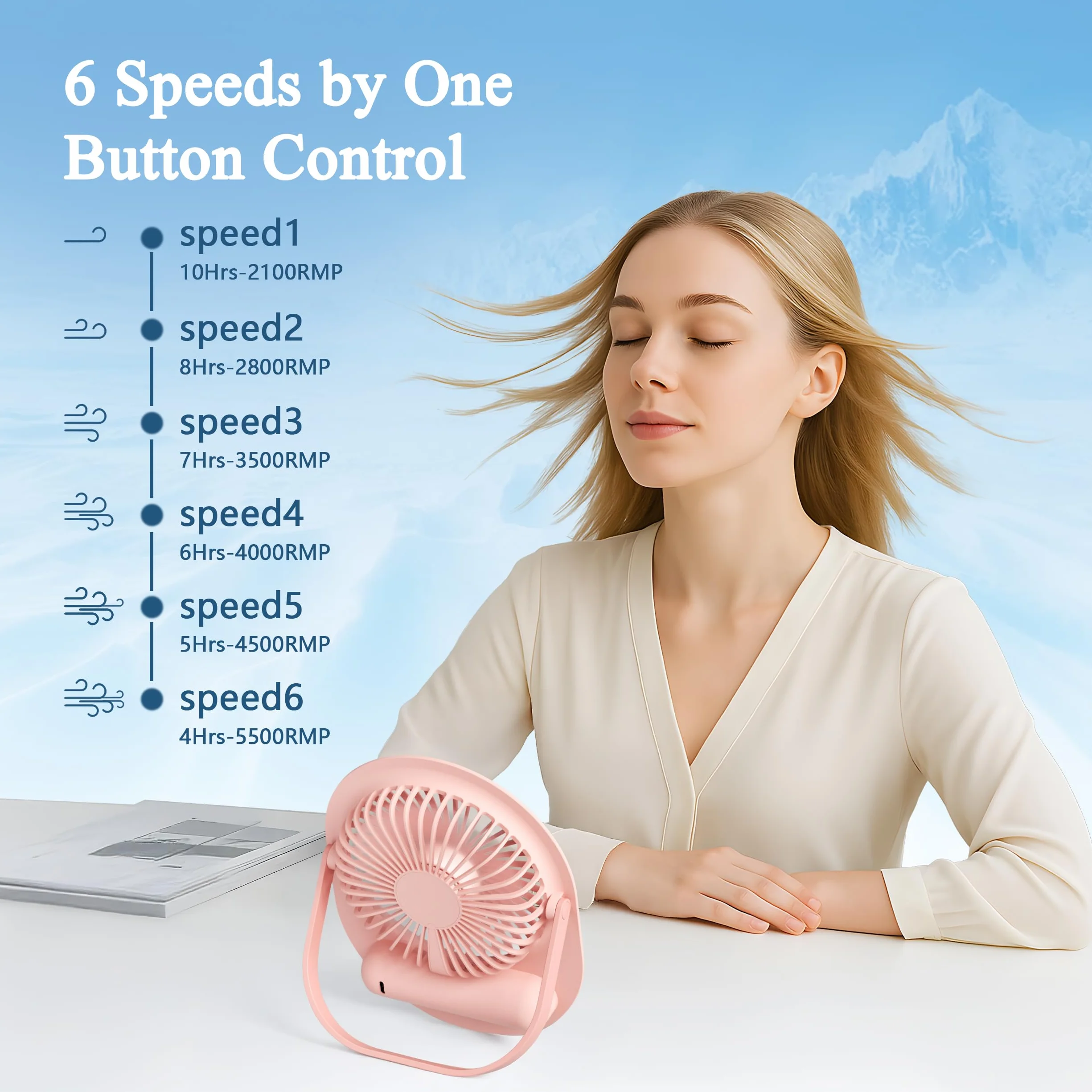 Mini Ventilatore da Tavolo, Portatile USB Ventilatore da Scrivania Silenzioso con 6 Potenti Velocità,Ricaricabile Ventilatore ad Angolo Regolabile,Piccolo Ventilatore per Ufficio/Campeggio (Rosa)