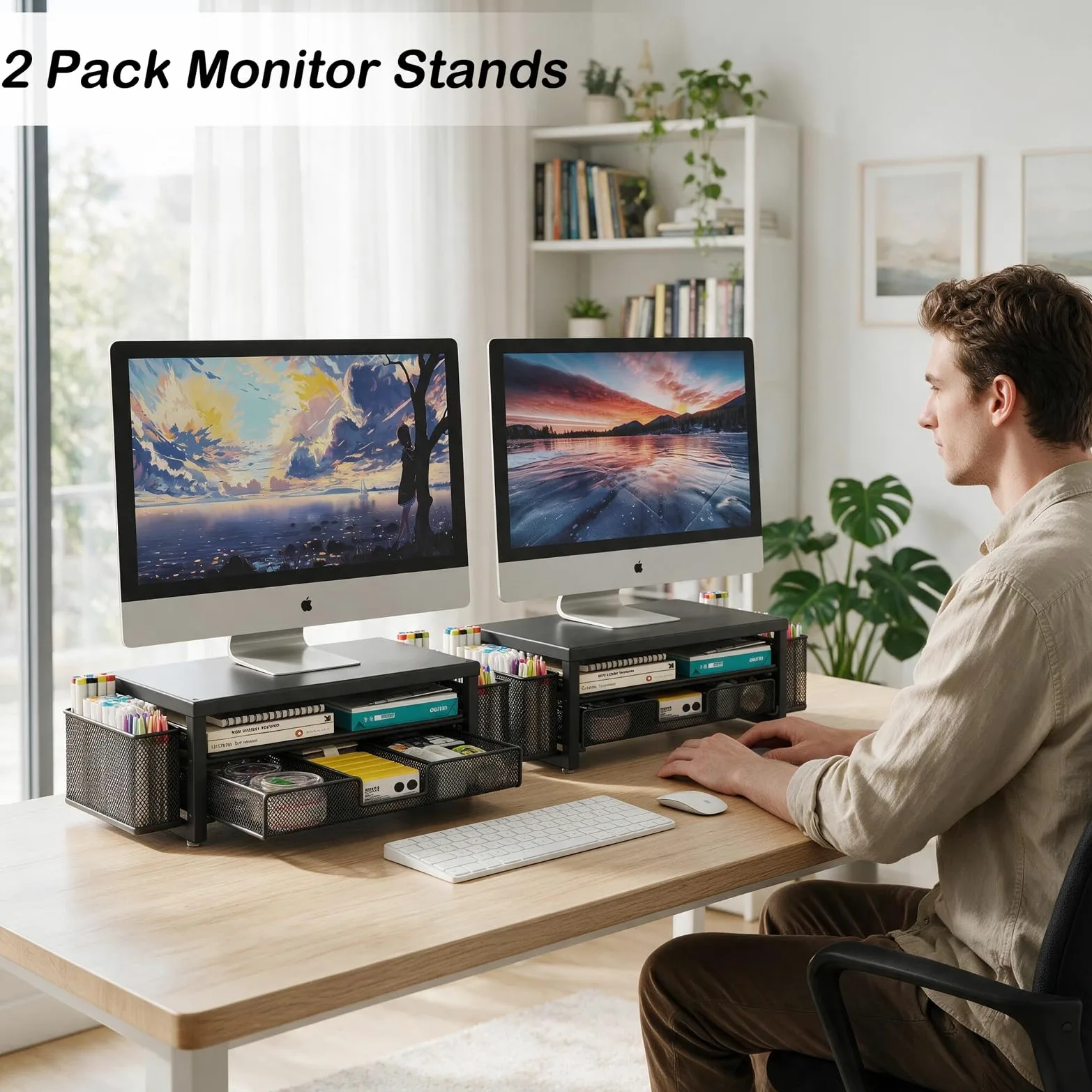 Supporto per monitor in metallo con cassetto e 2 portapenne, per scrivania, accessori da scrivania e supporto per schermo del computer, per stampante (nero) (confezione da 2)