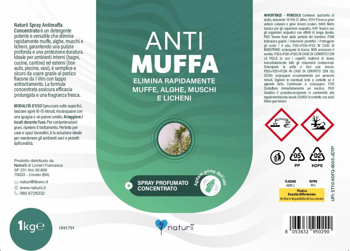 Naturìì Spray Antimuffa PROFUMATO 1L Elimina Muffe Alghe Muschi Licheni Uso Interno Esterno