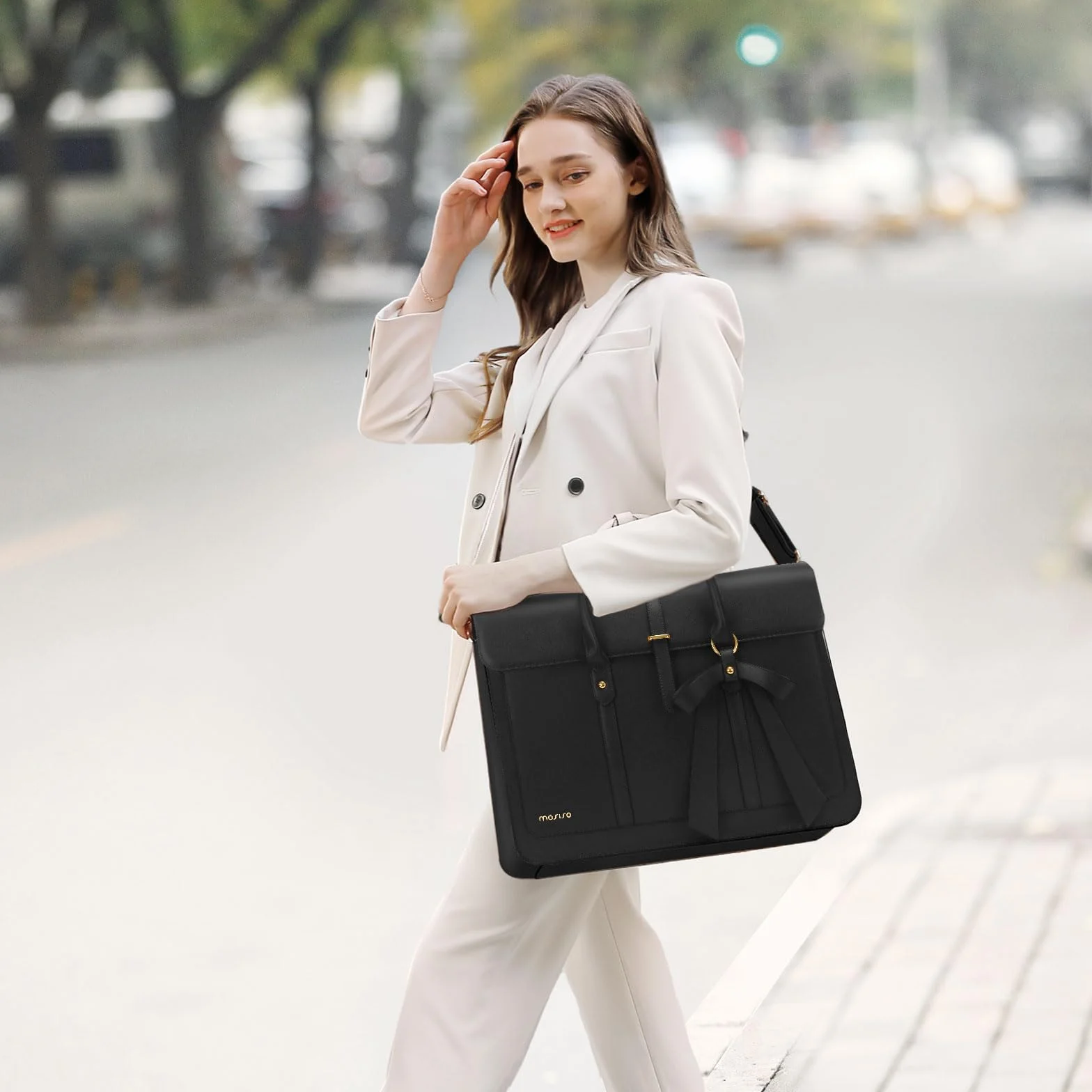 MOSISO Borsa Porta PC Donna,15-15,6 Pollici Laptop in Pelle PU Borsa a Tracolla Convertibile,16 Pollici Borse Messenger Casual Lavoro Viaggio Computer Custodia con Nodo a Fiocco,Nero
