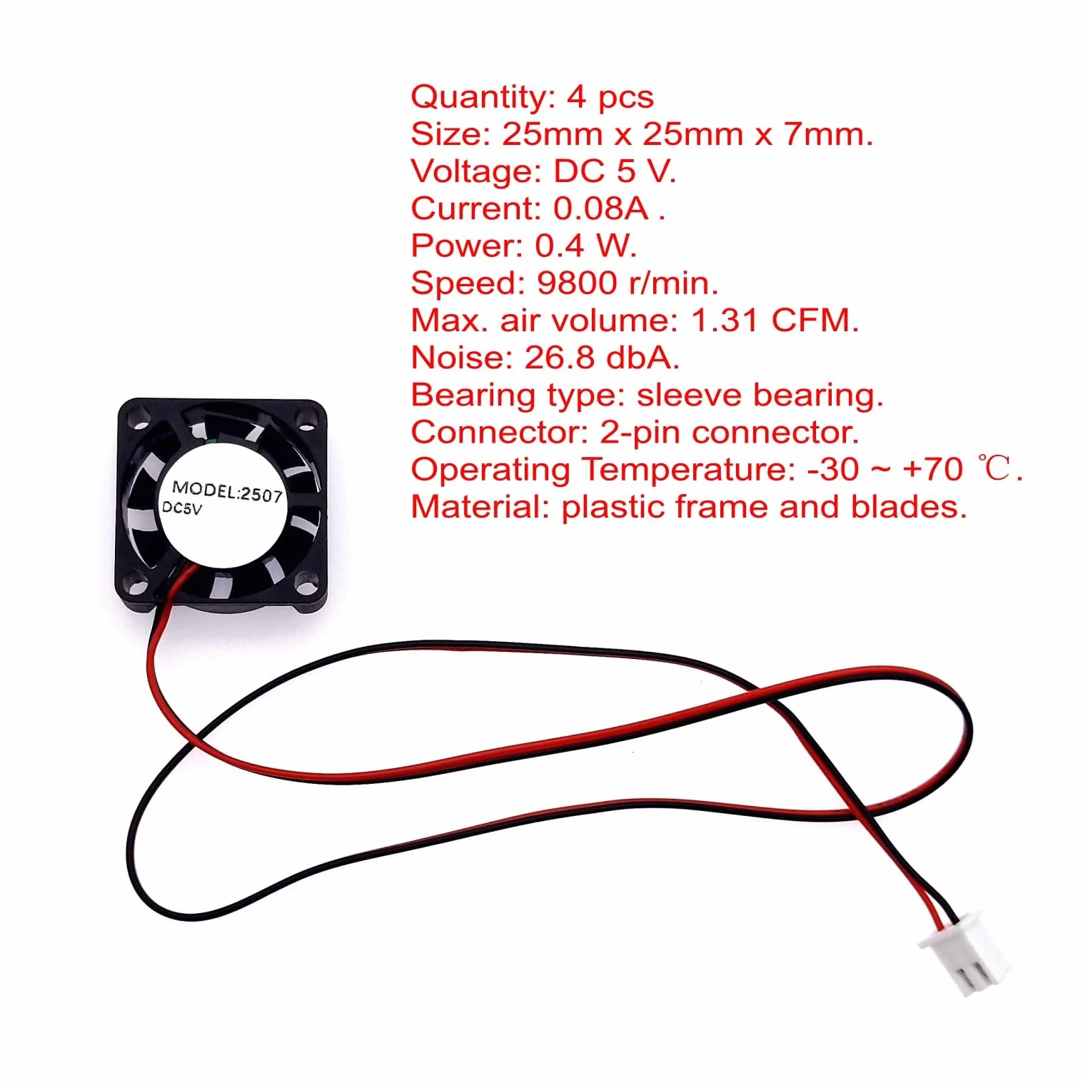 JZK 4PCS 25x25x7 mm DC 5V mini ventola di raffreddamento 25mm con connettore a 2 pin, 9800 rpm, 0.08A, 2507 ventola DC brushless 2.5cm per scheda di sviluppo, scheda grafica, ventola per stampante 3D