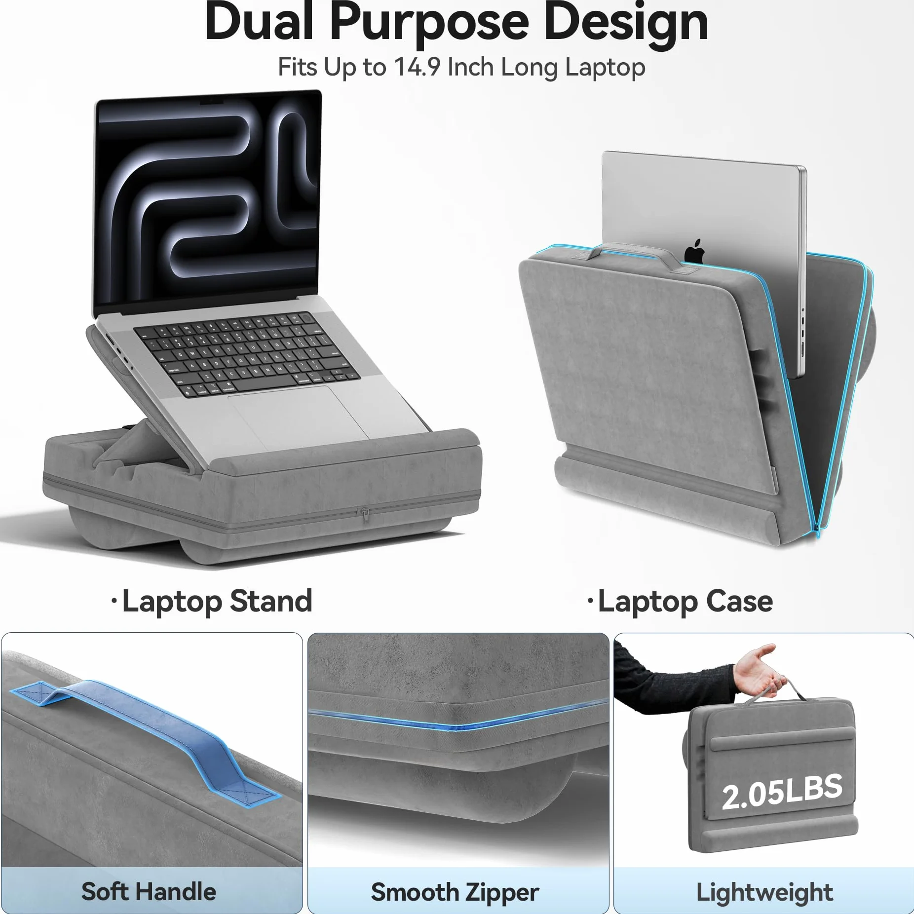 Cuscino per Computer Portatile, Porta PC Scrivania con 3 Angolazioni Regolabili, Cuscino Laptop con Poggiapolsi, Adatto a Laptop Fino a 16”, Supporto Laptop Scrivania Adatto per Lavoro e Domestico
