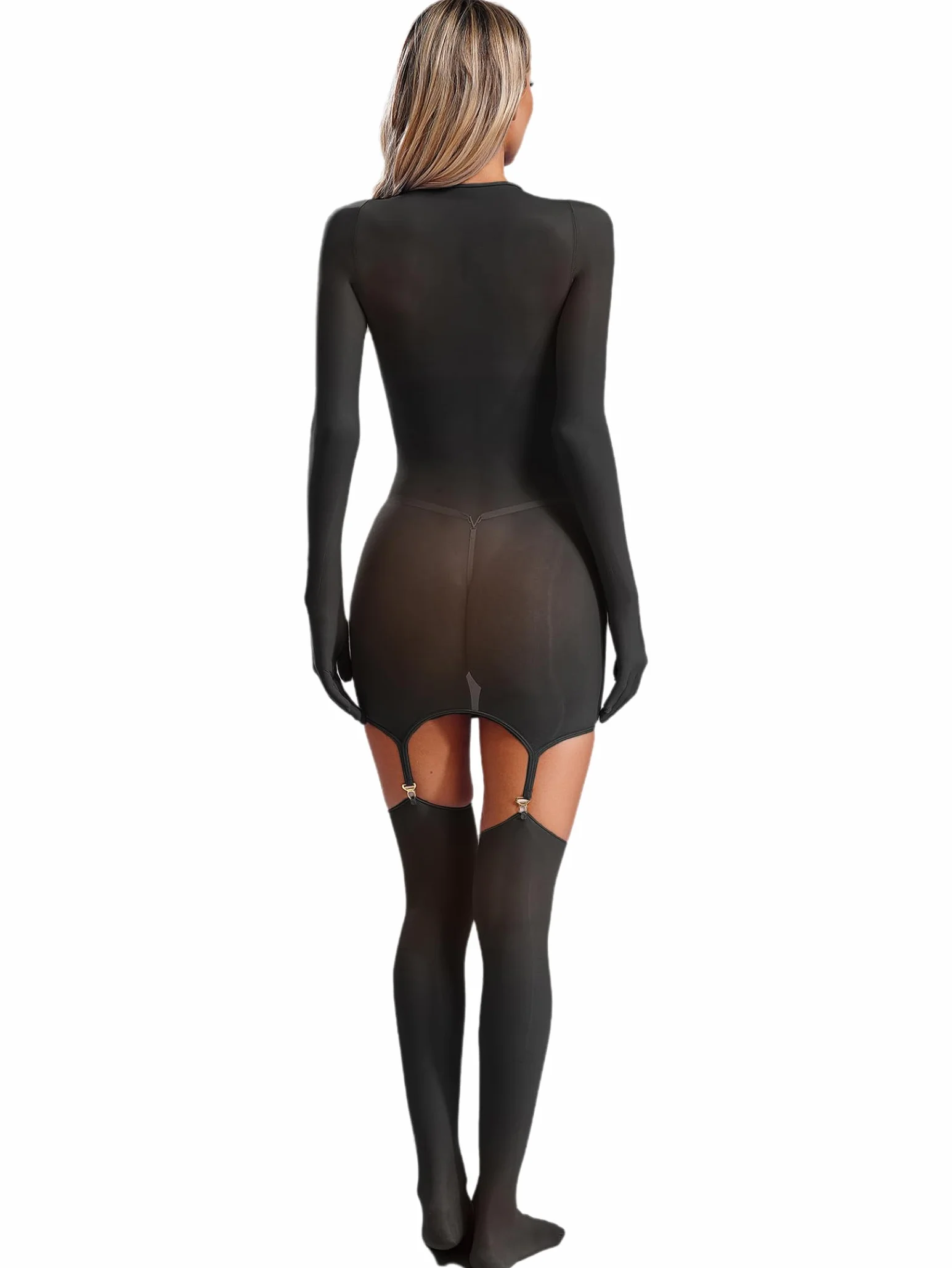 Donna Bodycon Mini Abito con Giarrettiera Lucide Calze al Ginocchio Set Lingerie Négligé