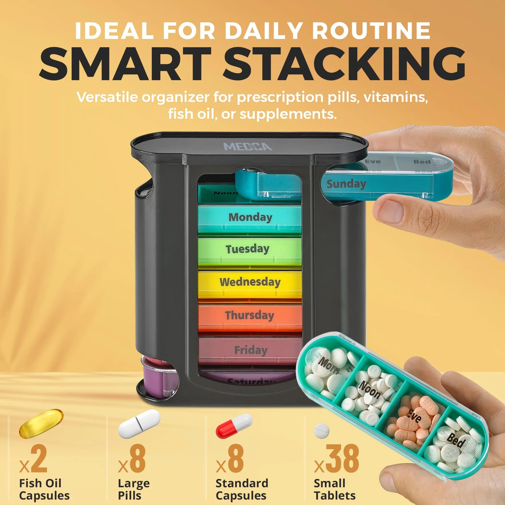 Organizzatore settimanale di pillole, 7 scomparti impilabili, 1 dispenser, nero
