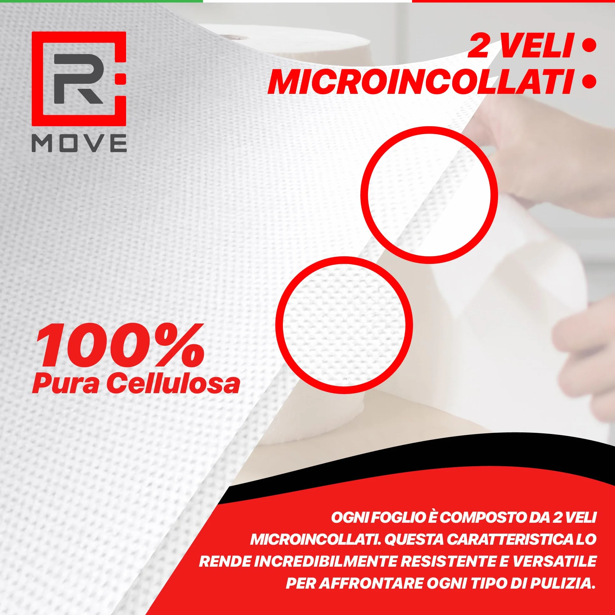 R MOVE 2 Rotoloni carta asciugatutto 1,7kg 900 strappi bobina industriale 2 veli pura cellulosa