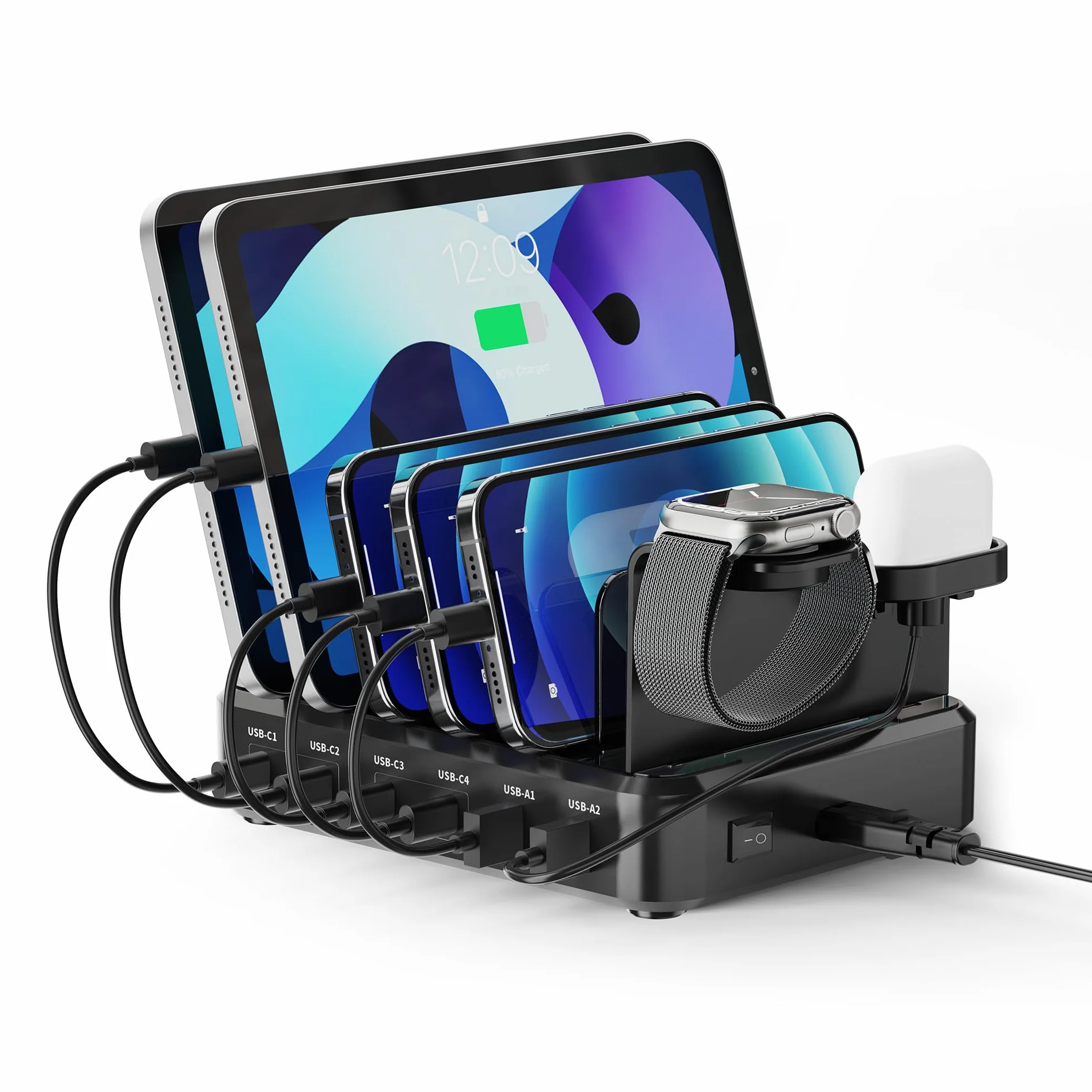 Ewent Stazione di Ricarica Universale 6 Porte USB (4xUSB-C 65W+2xUSB-A), Europlug 130W, con Supporto SmartWatch e Auricolari, Per Smartphone/Tablet/Laptop, Ricarica Rapida PD3.0/QC3.0, Design Compatto