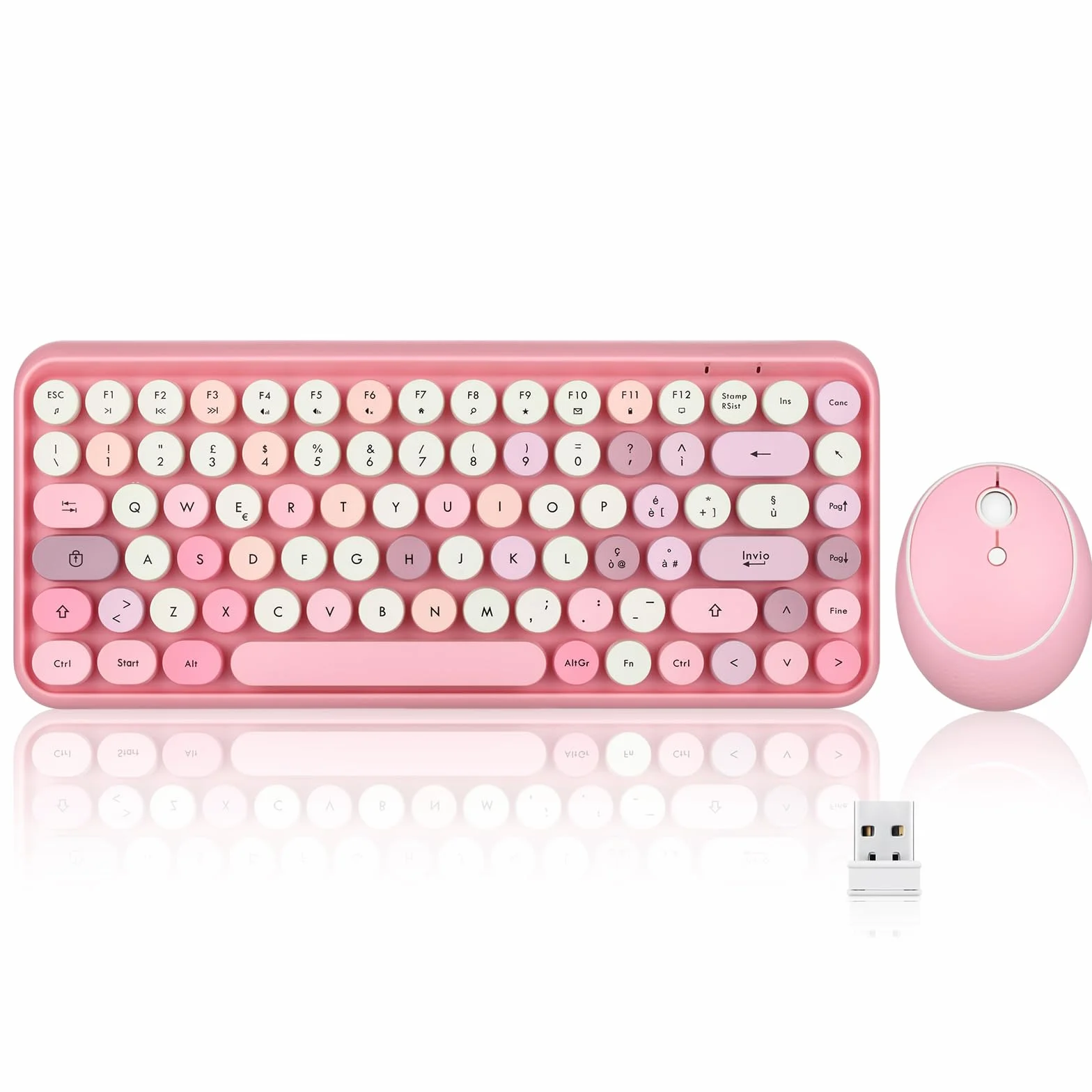 Perixx PERIDUO-713 Tastiera e mouse wireless, tasti rotondi, design macchina da scrivere retrò, tasti multimediali, cute colore rosa, QWERTY italiano