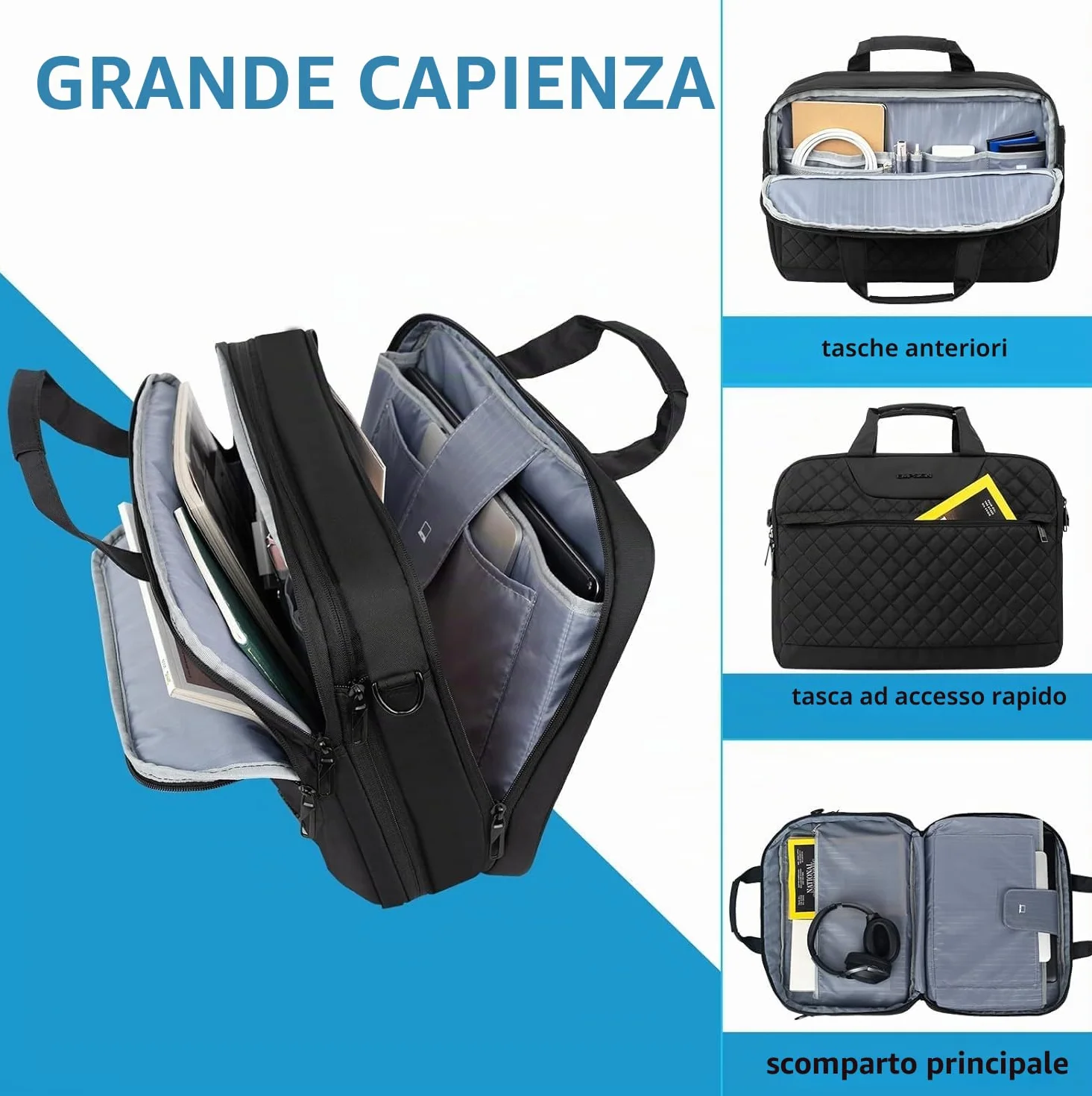 EMPSIGN Borsa porta PC 17,3 pollici, cartella da viaggio espandibile con grande capacità per uomo e donna per ufficio e lavoro, custodia per computer idrorepellente con tasche RFID, nera