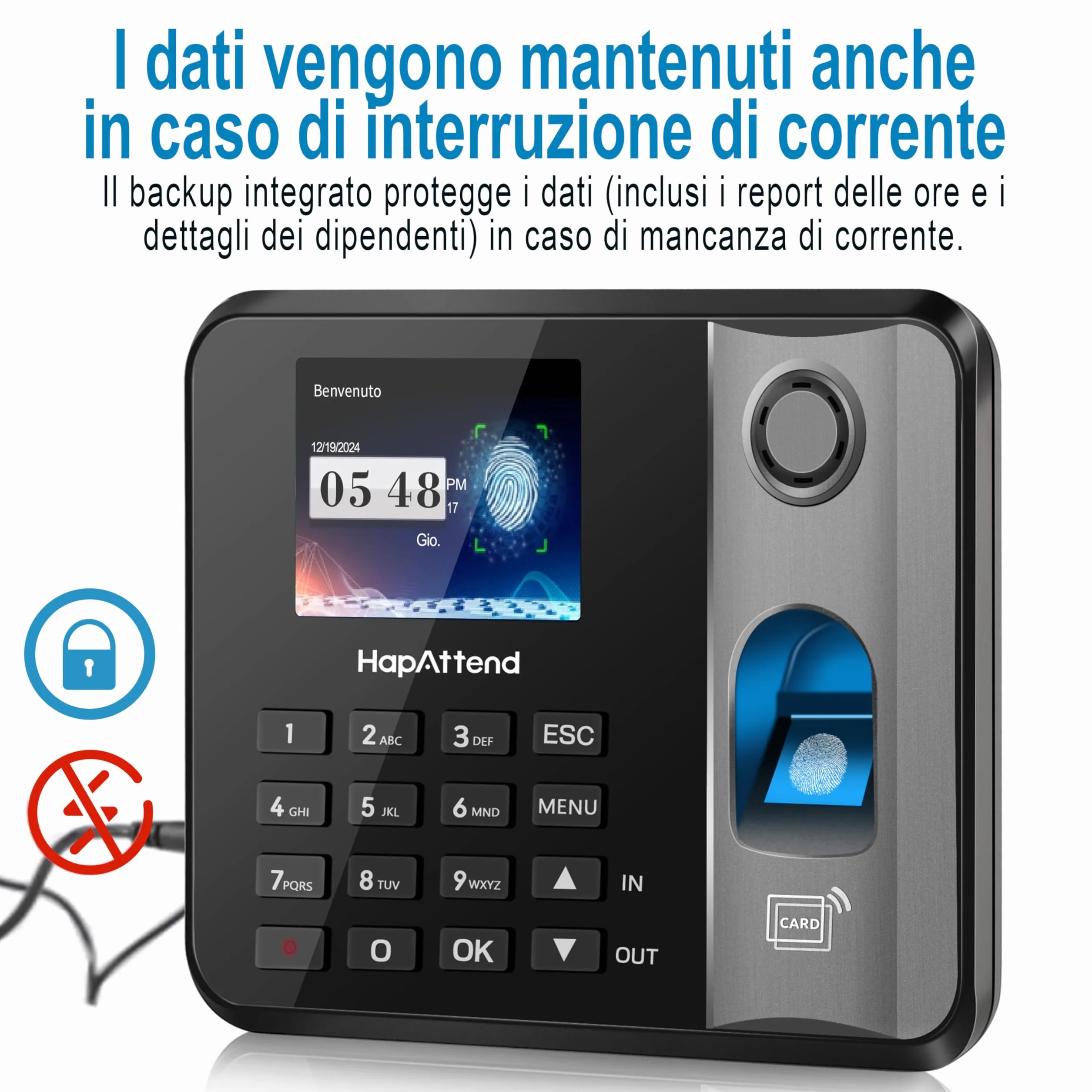 Rilevatore presenze HapAttend H1 con impronte digitali e RFID, timbratrice per dipendenti