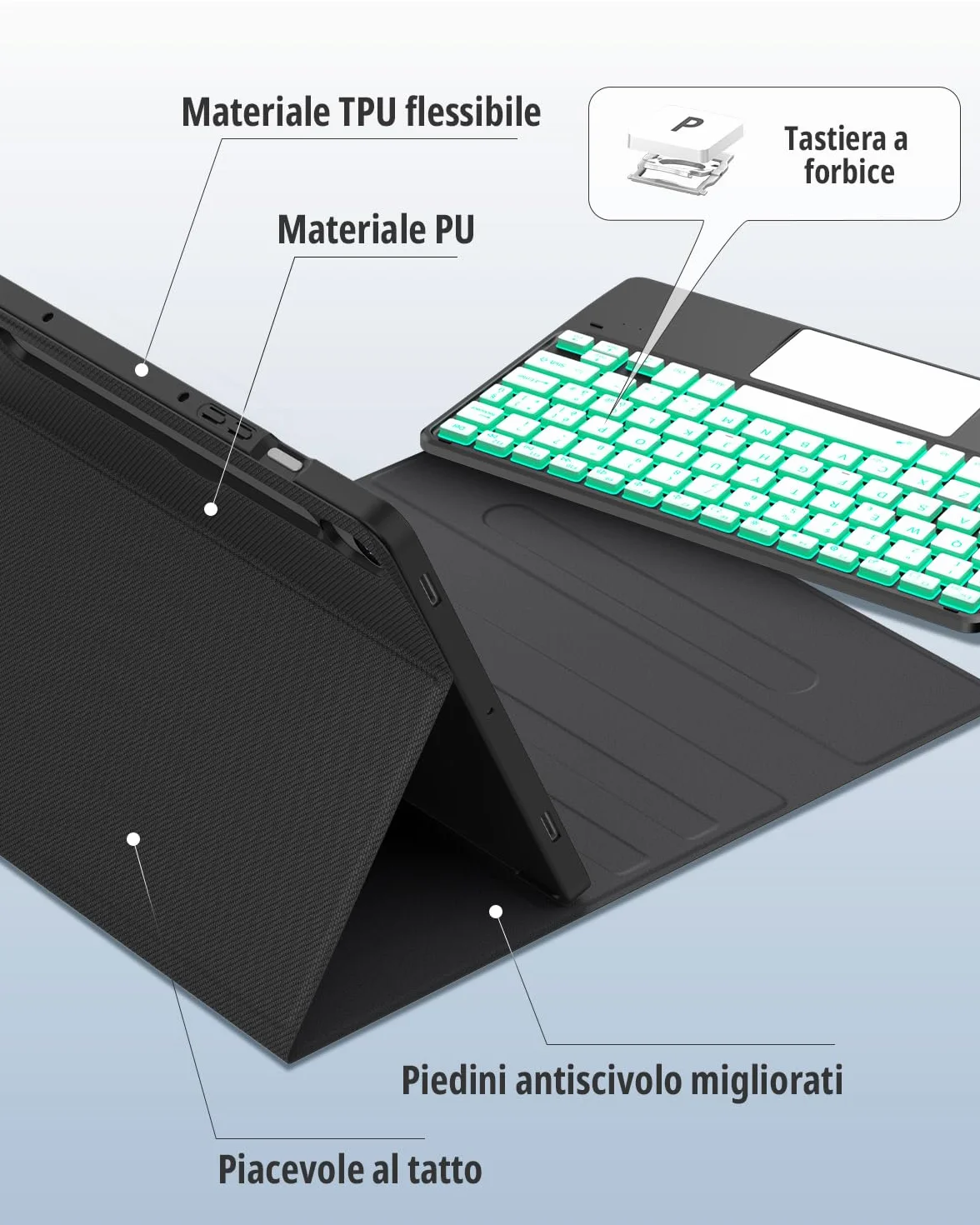CACOE Cover con Tastiera Compatibile con Samsung Galaxy Tab S10 Lite / S10 FE / S9 FE/S9 10.9"/11" (2025/2023) con Touchpad, Tastiera Wireless Staccabile con Illuminazione a 7 Colori, Nero