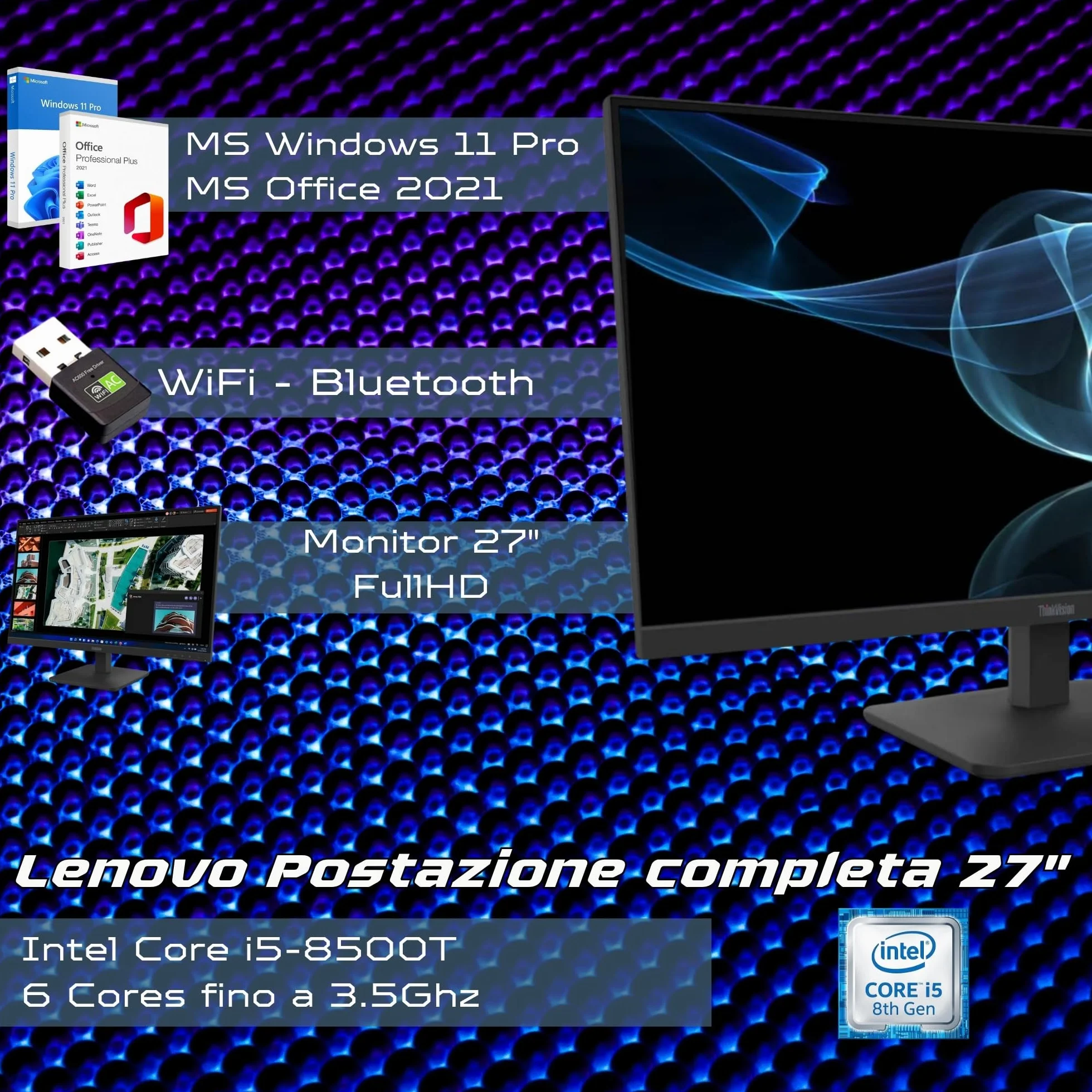 Lenovo Slim 27 pollici Computer i5 8500 16 GB RAM 1 TB SSD Win 11 Pro Office 2021 Pro