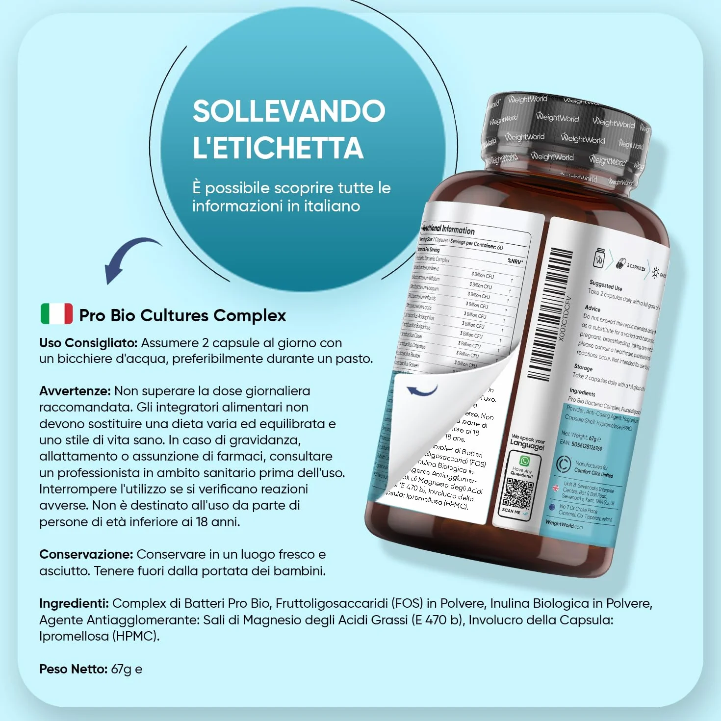 Probiotici Complex 120 Capsule 60 Miliardi CFU 20 Ceppi Lactobacillus Gasseri Rhamnosus Reuteri Bifidobacterium Longum
