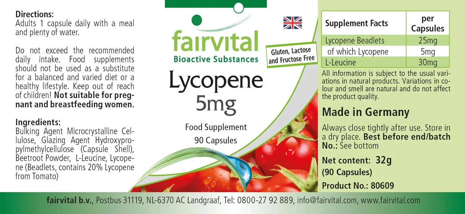 Fairvital Capsule di Licopene 5 mg, 90 Capsule, Alto Dosaggio, Vegane, da Estratto di Pomodoro