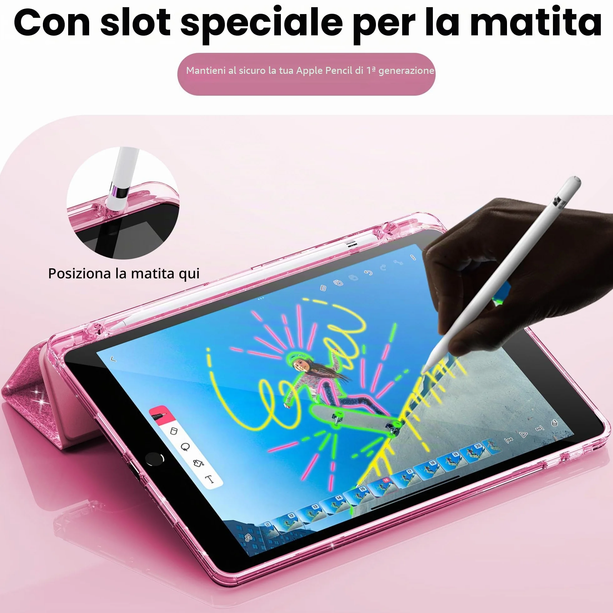Custodia iPad 10,2" Glitterata Retro Trasparente Portapenne Bambine Rosa