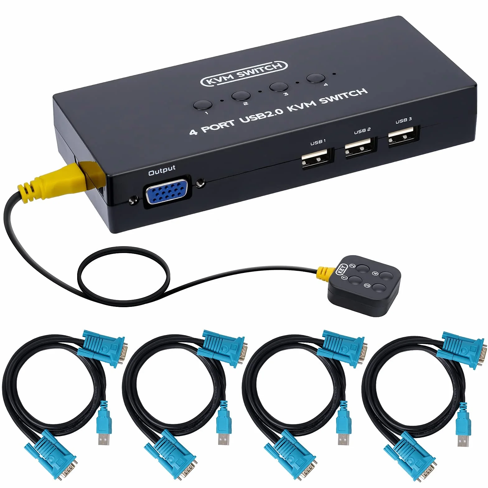VGA KVM Switch, USB e VGA Commutatore con 4 Cavi KVM, 4 Porte Switch Box per PC Monitor, Tastiera Mouse, Scanner, Stampante