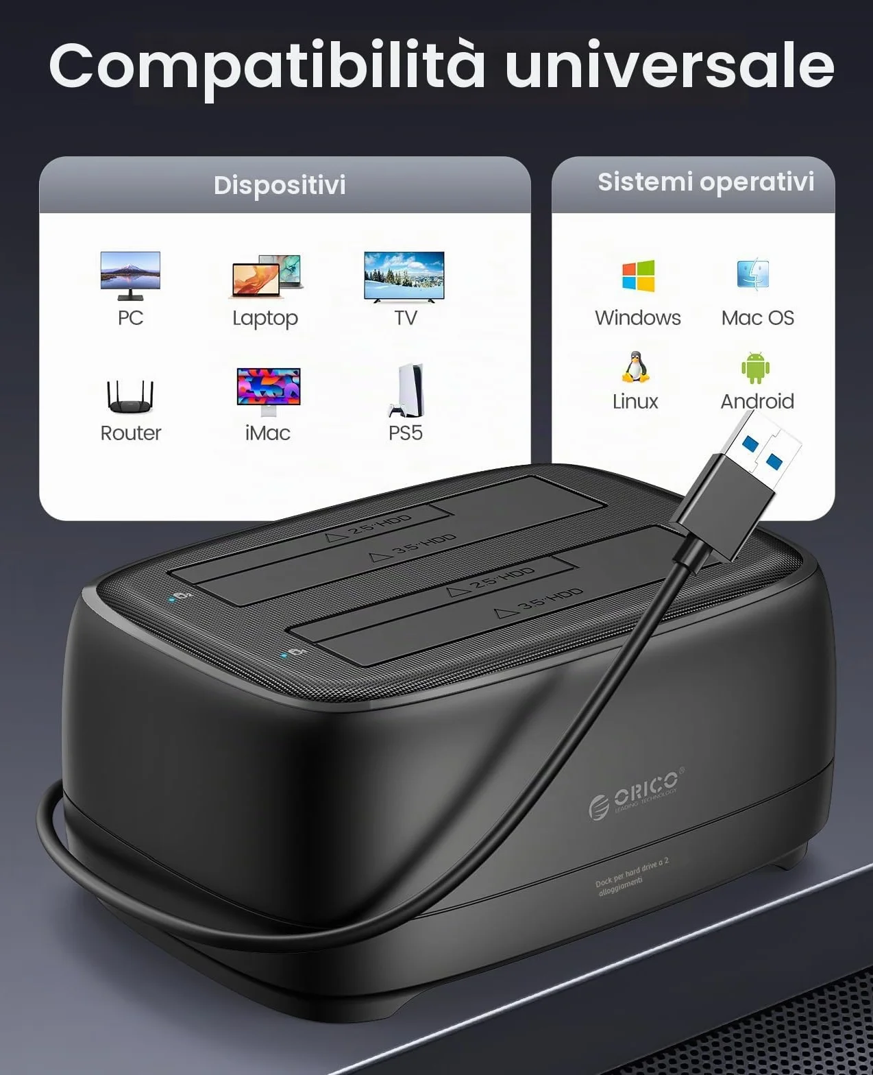 ORICO Hard Disk Docking Station USB 3.0 SATA 2 Slot per HDD/SSD 2.5 e 3.5 pollici Supporto UASP 20TB