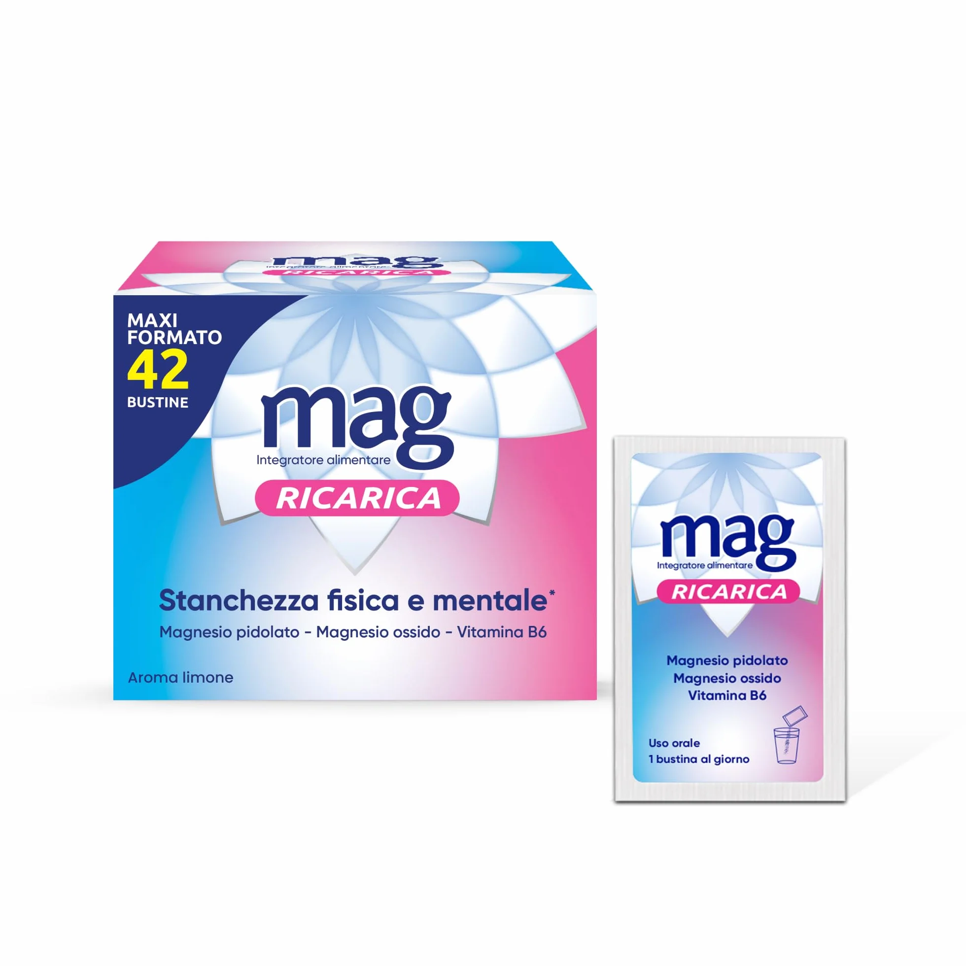 Magnesio Pidolato e Ossido con Vitamina B6 Integratore per Stanchezza Fisica e Mentale - MaxiFormato 42 Bustine Aroma Limone