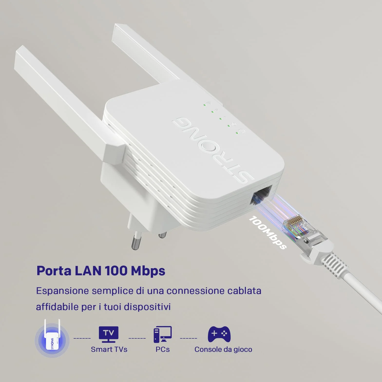 STRONG Ripetitore WiFi 300 Mbps da presa muro – Amplificatore WiFi potente per casa, WiFi extender con WPS, porta LAN, modalità access point, copertura segnale stabile